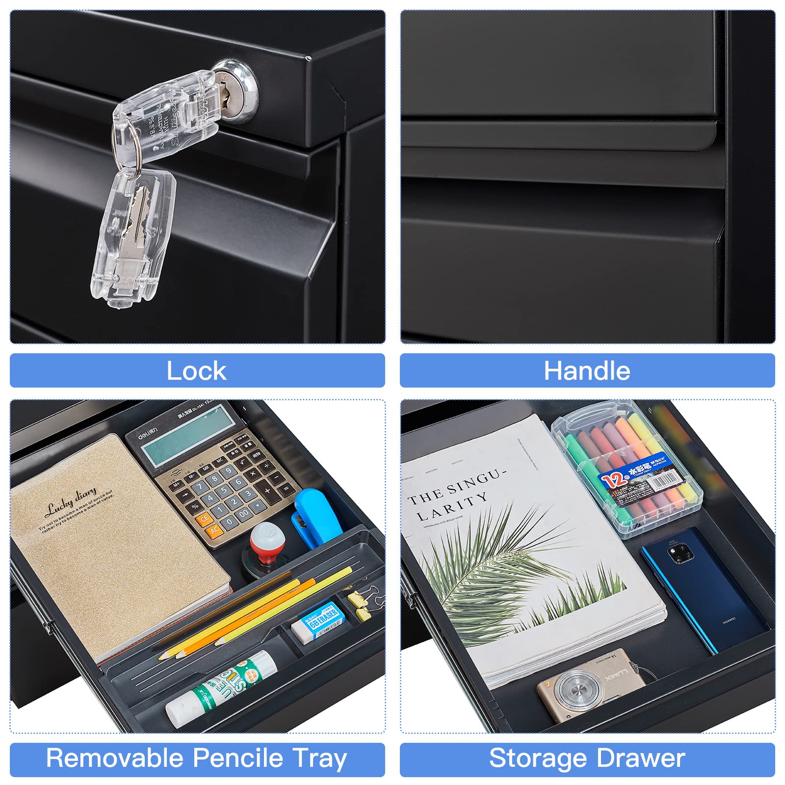 Yizosh 3-Drawer Locking Mobile File Cabinet - Black Under Desk Rolling Storage Organizer for Legal/Letter/A4 Files - Heavy Duty Metal File Cabinet with Wheels (Fully Assembled) - Perfect for Office, Home, or Classroom Organization
