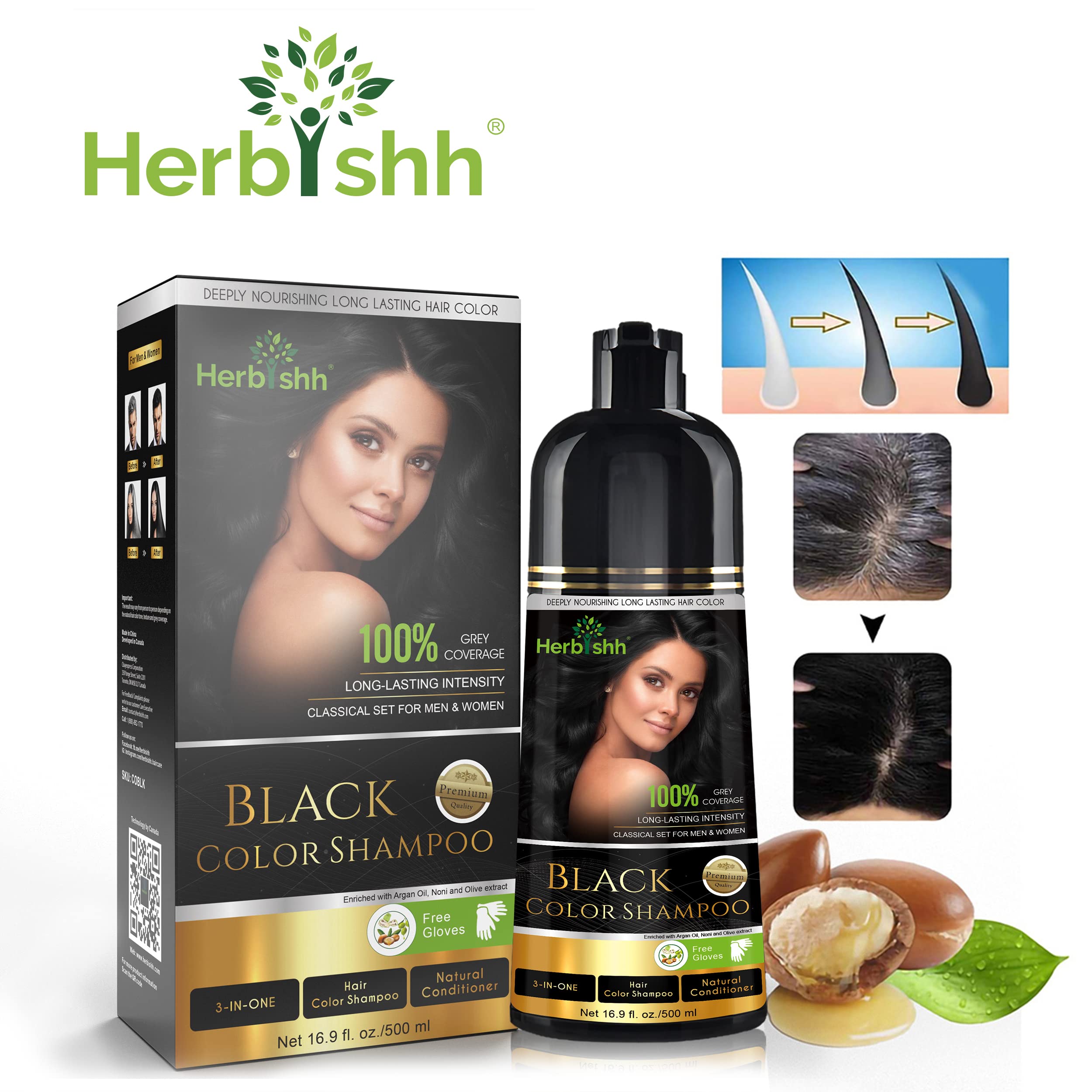 Herbishh Gray Hair Color Shampoo - Black 500ml with Hair Dye Stain Remover Wipes | Natural Hair Coloring for Men & Women | At-Home Salon Treatment for Covering Gray Roots