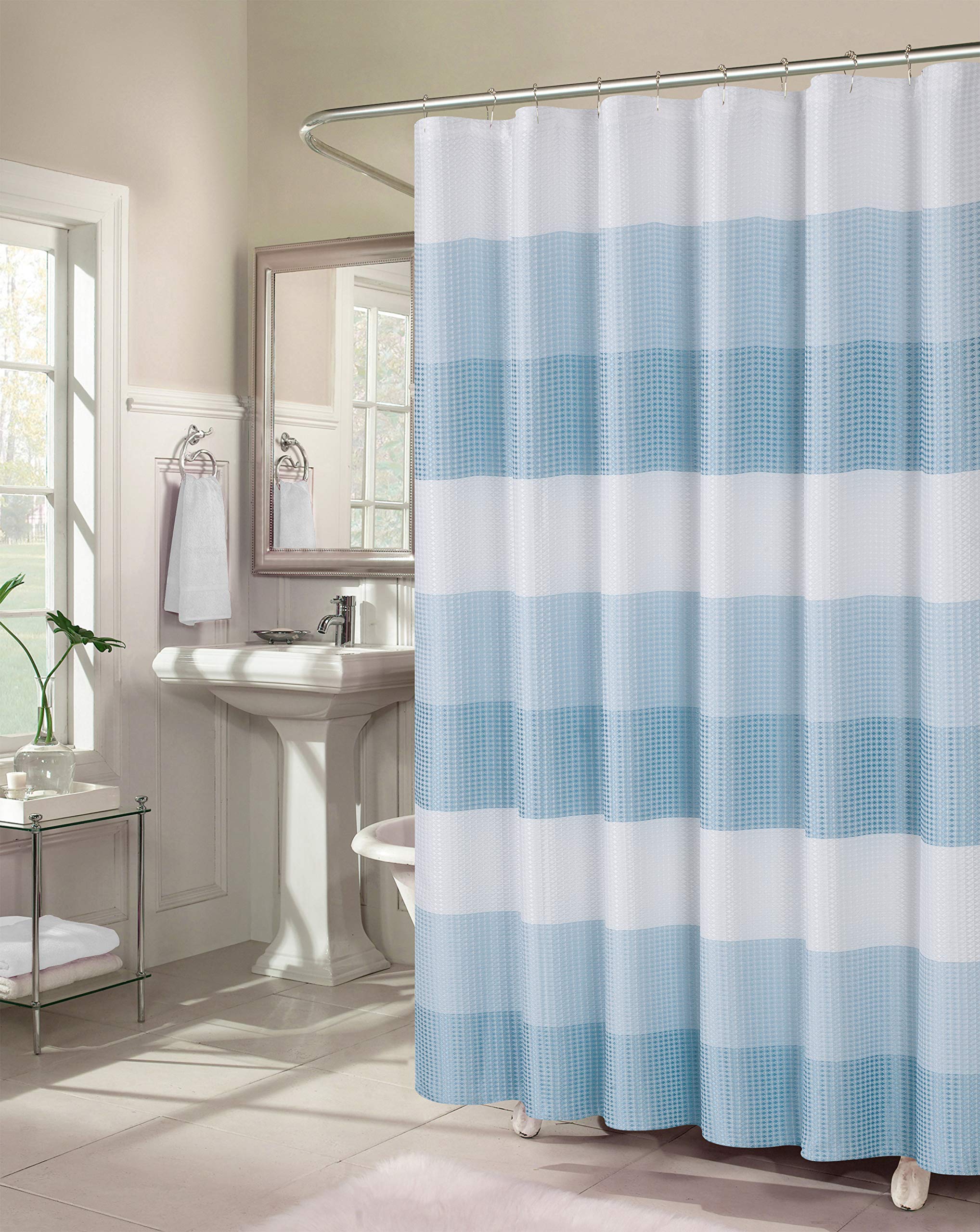 Ombre Stripe Waffle Weave Shower Curtain 70x72 Inches - Textured Blue Bathroom Decor for Modern & Classic Homes | Water-Resistant Fabric for Spa-Like Showers