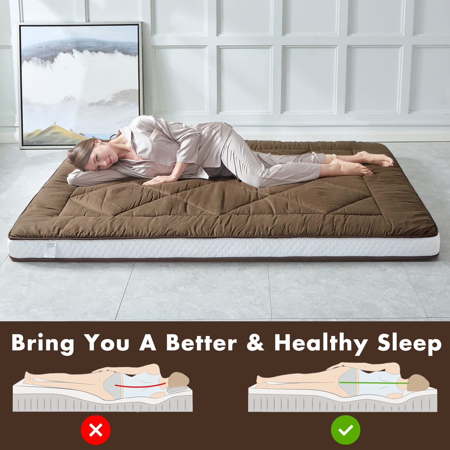 Japanese Floor Mattress Futon - Thick Foldable Sleeping Pad for Adults, Portable Roll Up Camping Mattress - Queen Size Coffee Brown - Perfect for Guest Beds, Dorm Rooms & Outdoor Adventures
