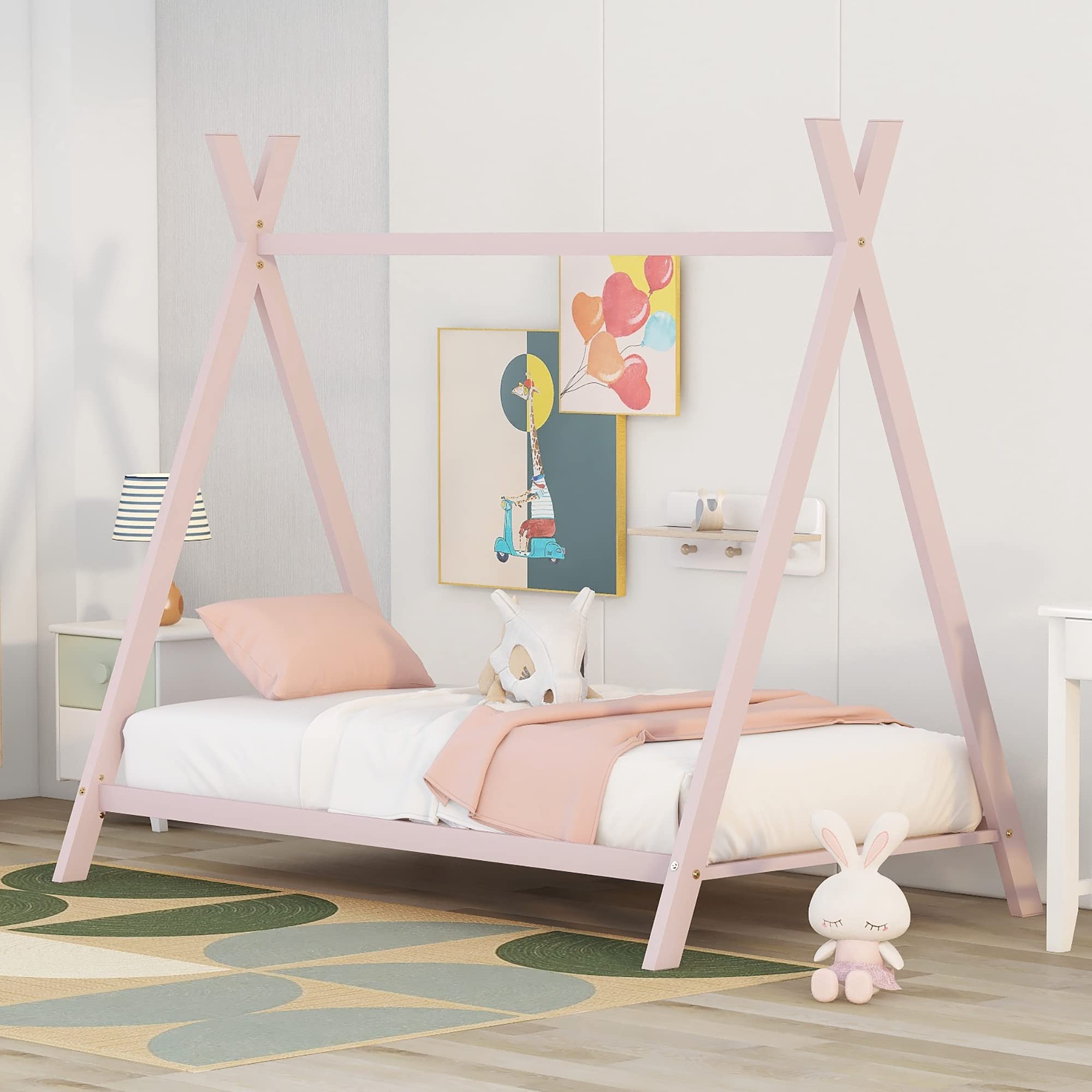 Montessori Twin Size Metal House Bed for Kids - Pink Floor Play Tent Bed Frame with Slats for Girls & Boys | Perfect for Bedroom, Playroom & Montessori Learning Spaces