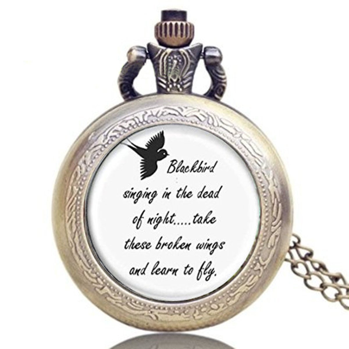 Blackbird Singing in the Dead of Night Pendant Watch - Beatles Inspired Song Lyrics Jewelry, Vintage Style Necklace Watch for Music Lovers & Gift Giving