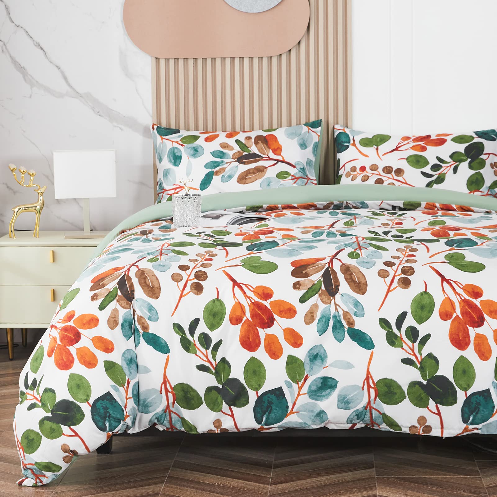 Floral Duvet Cover Set - Spring Tree Branches & Leaves Pattern Twin Size Microfiber Bedding | Soft Farmhouse Comforter Cover with Zipper Closure & 2 Pillowcases in Green | Perfect for Spring Bedroom Decor, Guest Room & Cozy Farmhouse Style