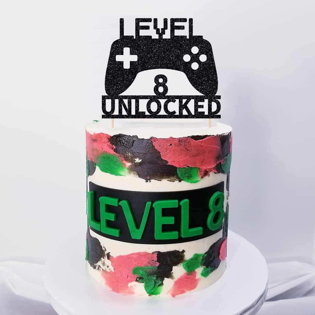 Level 8 Unlocked Cake Topper - Video Game Controller Birthday Decoration for 8th Birthday Party | Perfect for Gaming Themed Cakes, Cupcakes & Desserts