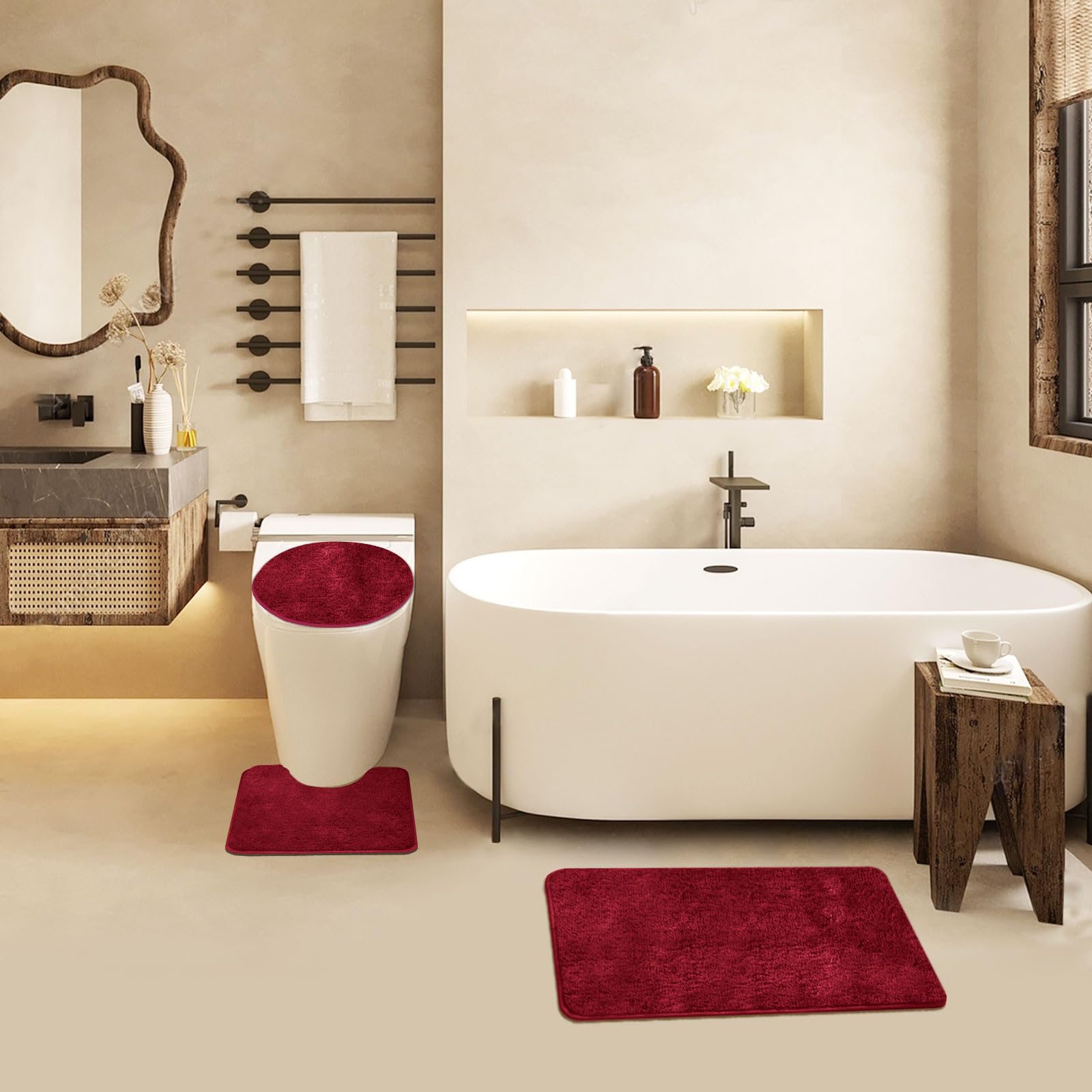 MIFXIN 3-Piece Bath Rug Set - Anti-Slip Absorbent Soft Bathroom Mats with U-Shaped Toilet Mat, Shower Floor Mat & Toilet Lid Cover (Red) - Perfect for Bathroom Safety and Comfort, Ideal for Home, Apartment, and Hotel Use