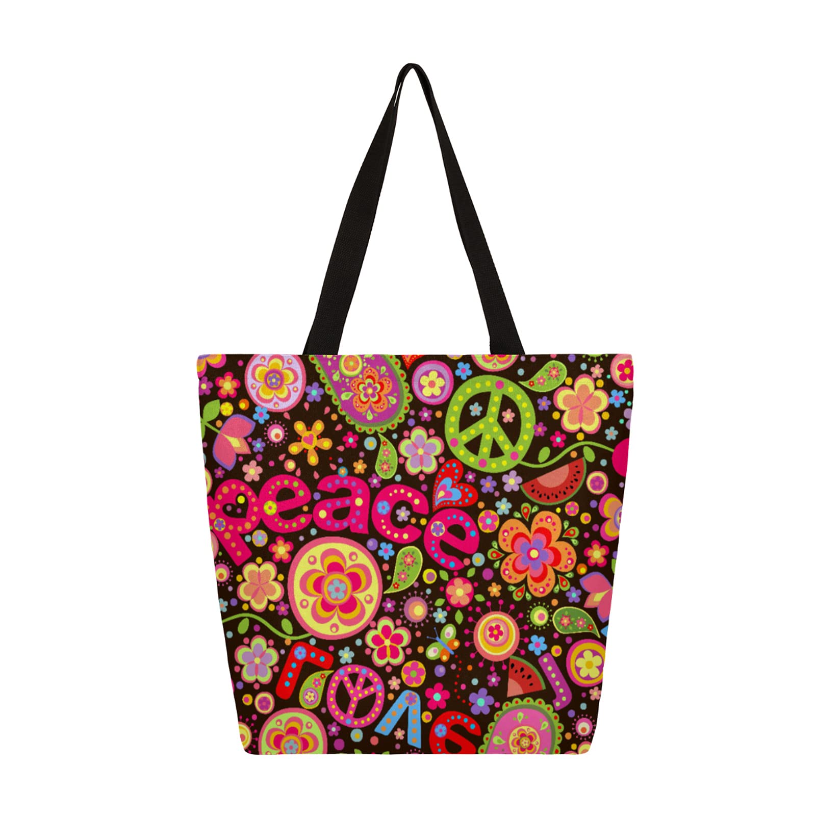 Large Canvas Tote Bags for Women with Inner Pocket - Peace Sign Floral Design Reusable Grocery Shopping Bag - Perfect for Casual Use, Book Carrying, Grocery Shopping & Gift Giving
