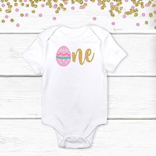 1 PC 100% Cotton Short Sleeve Baby Bodysuit - Easter Egg Design for Girls First Birthday, Spring & Easter Outfits (Champagne Gold & Black Glitter) - Perfect for Photo Shoots, Party Wear & Special Occasions