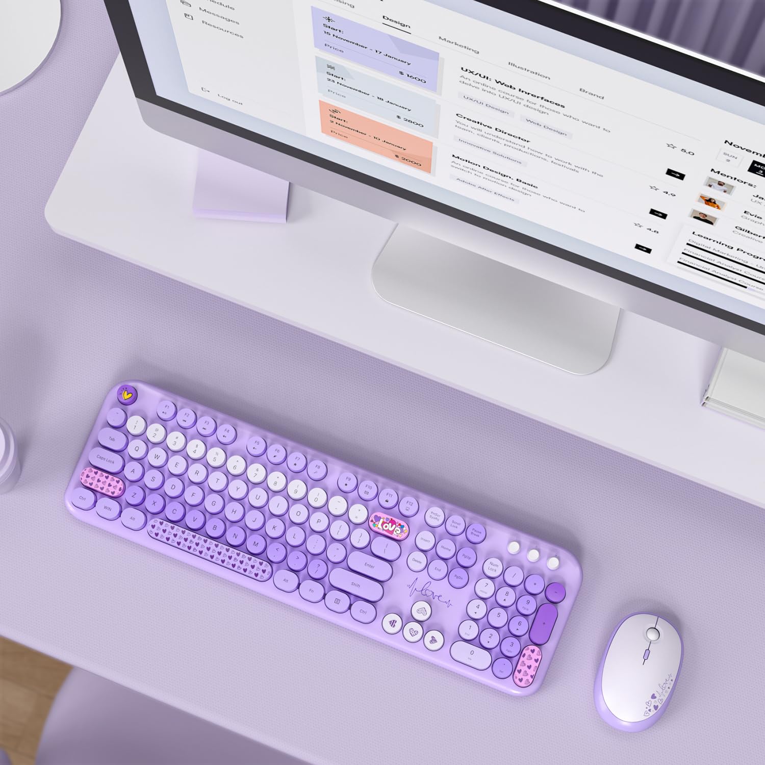 Retro Wireless Keyboard & Mouse Set for Mac/PC - Purple Typewriter Style for Home Office