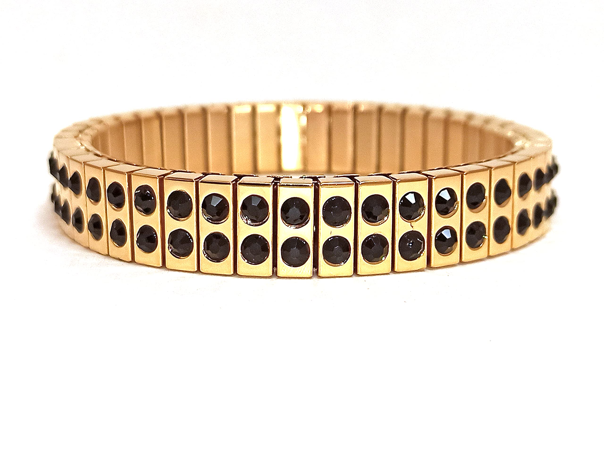 2ct Handmade Black Onyx Stretch Bracelet for Women - Artisan Onyx Gemstone Bangle, 24k Gold Plated, Elegant Formal Jewelry Gift for Mom, Mother of the Bride, Wedding Party - Perfect for Evening Events, Special Occasions & Gift Giving