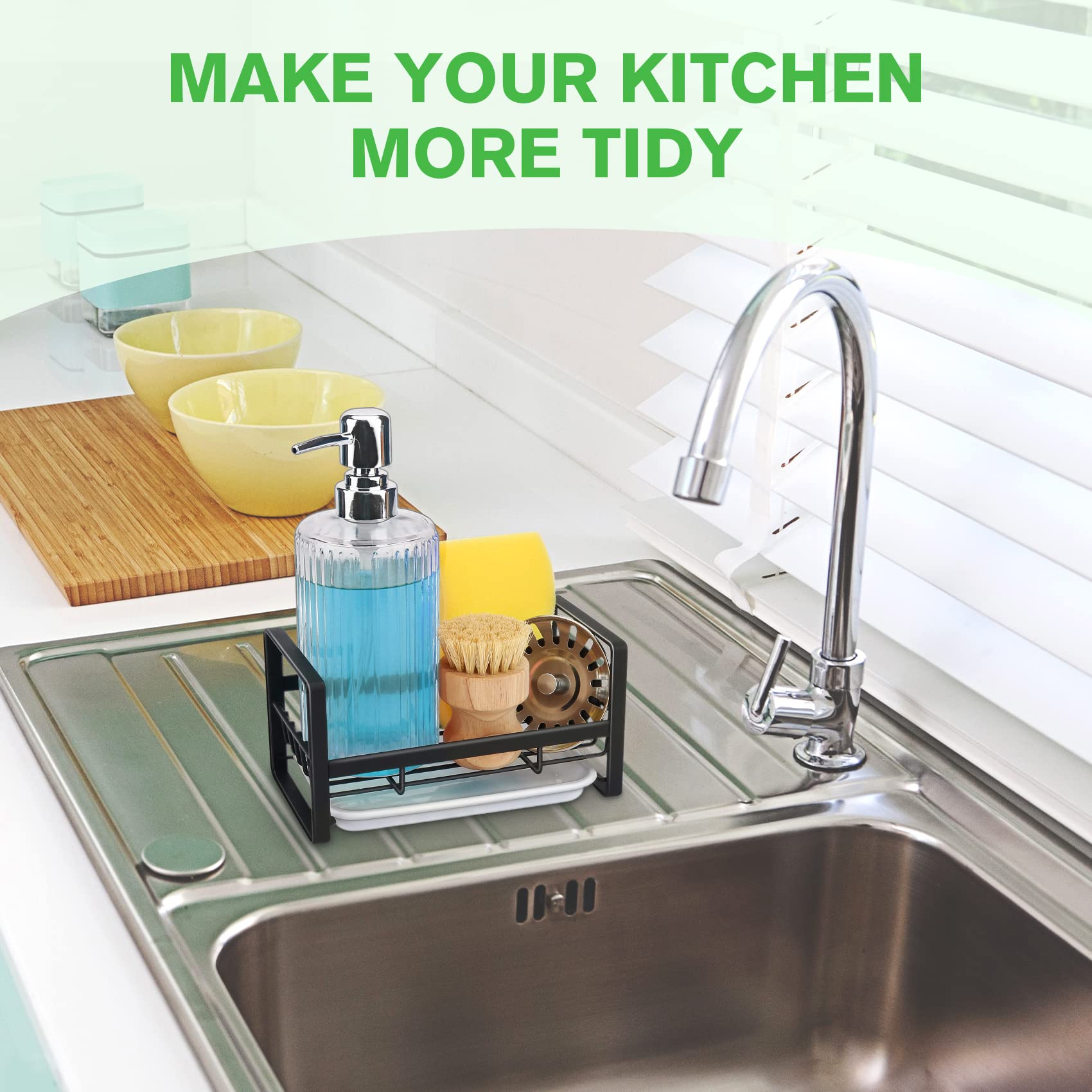 Black Kitchen Sink Caddy Organizer - Sponge & Dish Soap Holder with Drain Tray - Perfect for Kitchen Sink Organization & Countertop Storage