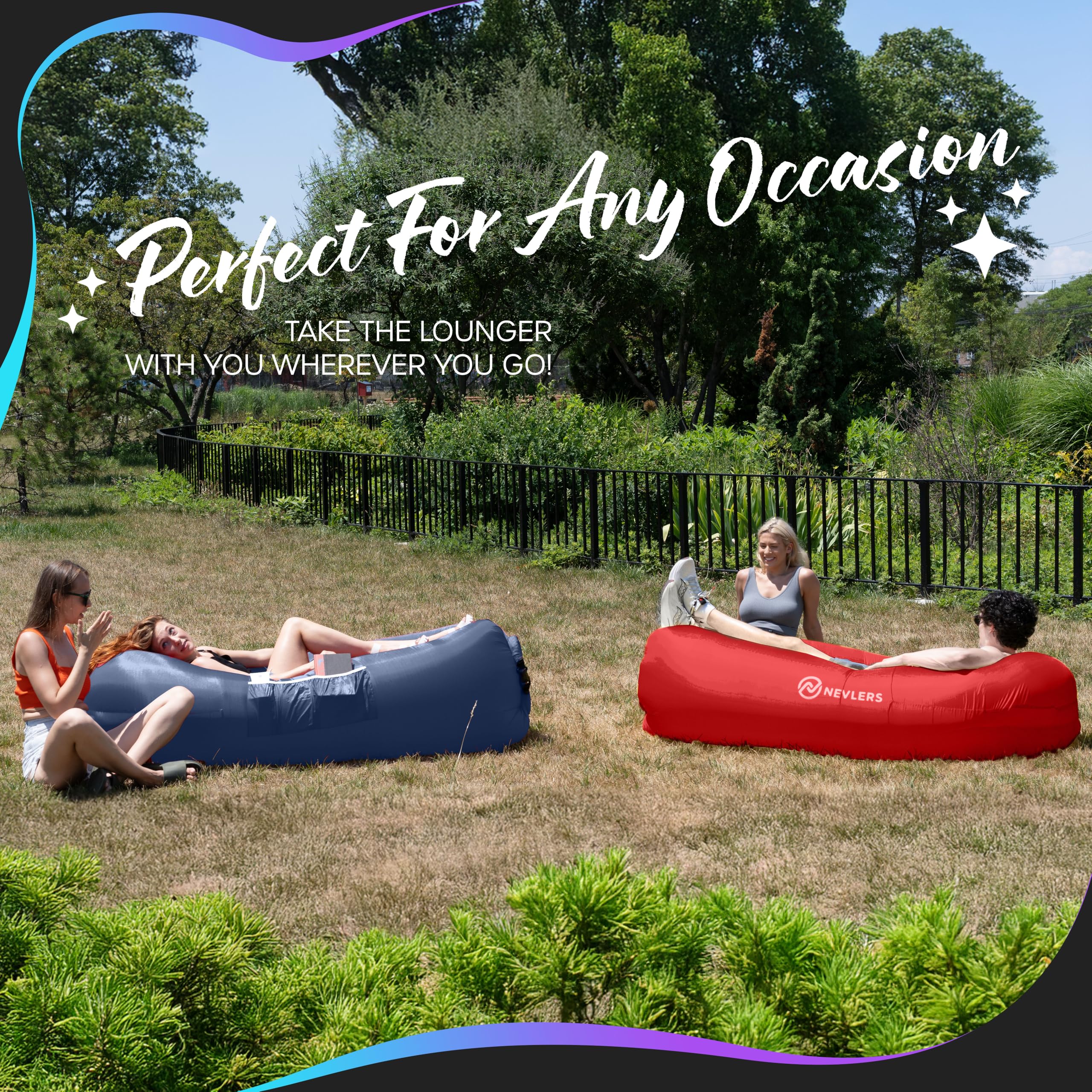 Nevlers 2 Pack Inflatable Lounger Air Sofa Couch - Portable Outdoor Beach Chair, Camping Chair & Travel Hammock with Carry Bag, Pegs & Storage Pockets | Perfect for Beach Relaxing, Backyard Lounging, Camping Trips & Outdoor Movie Nights