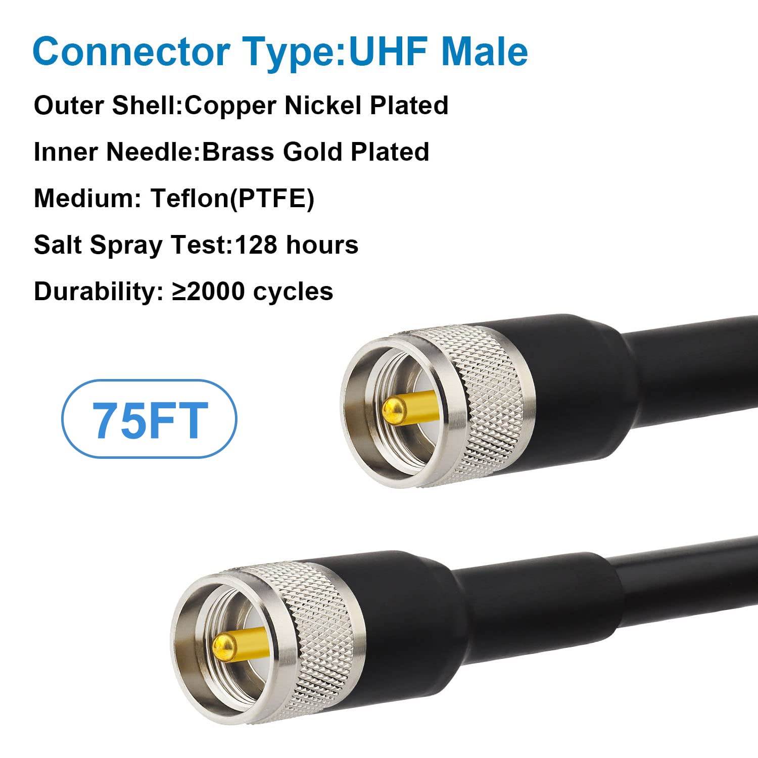 75FT RG8 UHF CB Coaxial Cable - PL259 Male to Male Low Loss Coax Cable for CB Radio, HAM Radio, VHF Communication | Perfect for SWR Meter Testing & Antenna Analyzer Setup