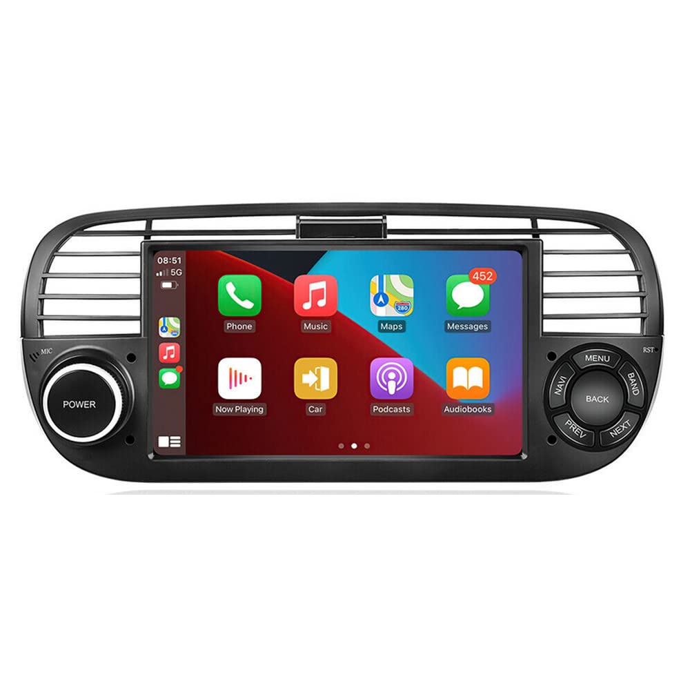 Fiat 500 Car Stereo 2007-2015 - 7 Inch IPS Touch Screen Head Unit with Apple CarPlay, Android Auto, GPS Navigation, Bluetooth, Backup Camera, FM Radio, Built-in DSP, OBD2 & DVR Support - Perfect for Upgrading Your Fiat 500's Entertainment System (Black)