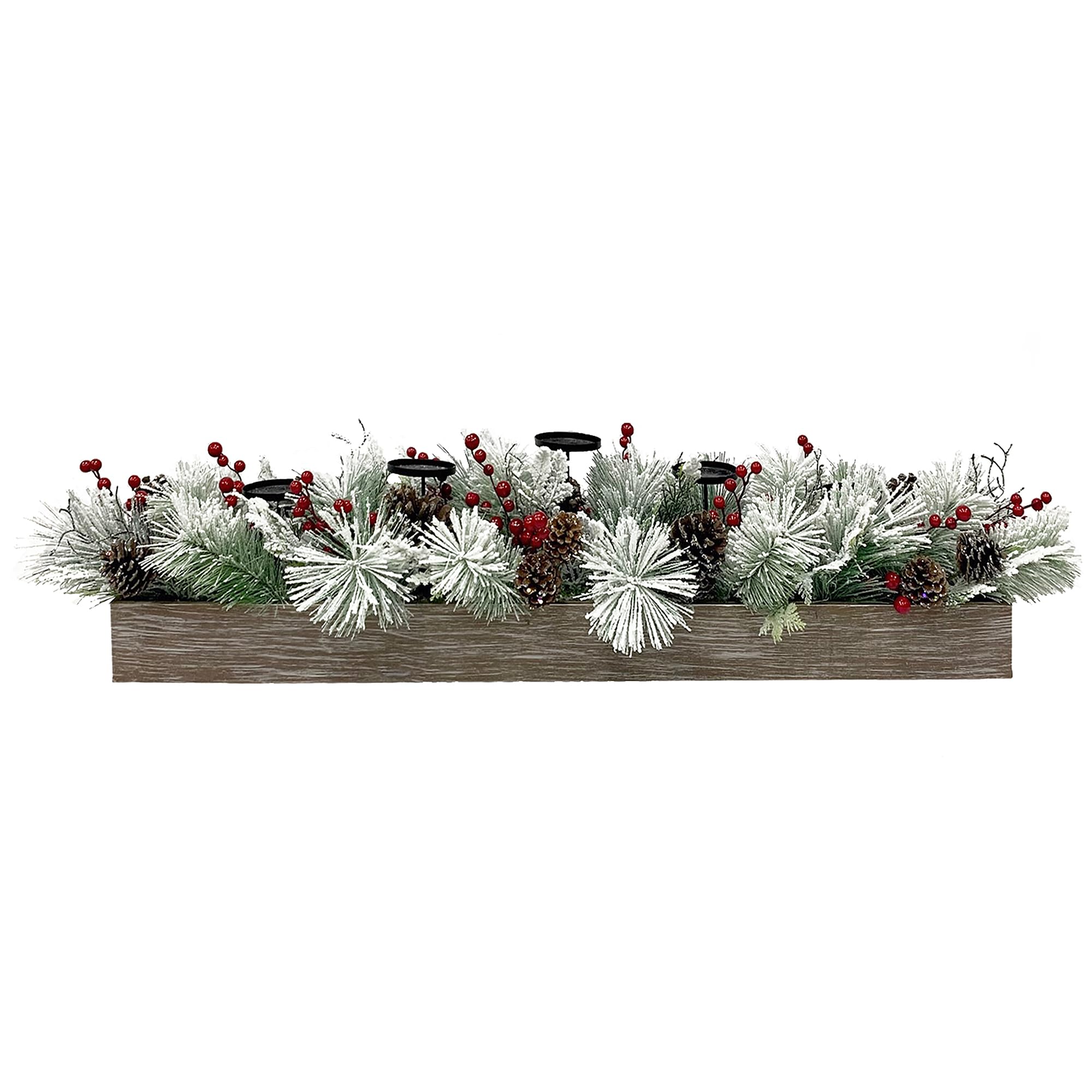 Fraser Hill Farm 42-Inch Frosted Pine Christmas Tabletop Candle Holder with Red Berries & Pinecones - Holds 5 Pillar Candles, Holiday Home Decor for Mantel, Dining Table & Festive Centerpieces