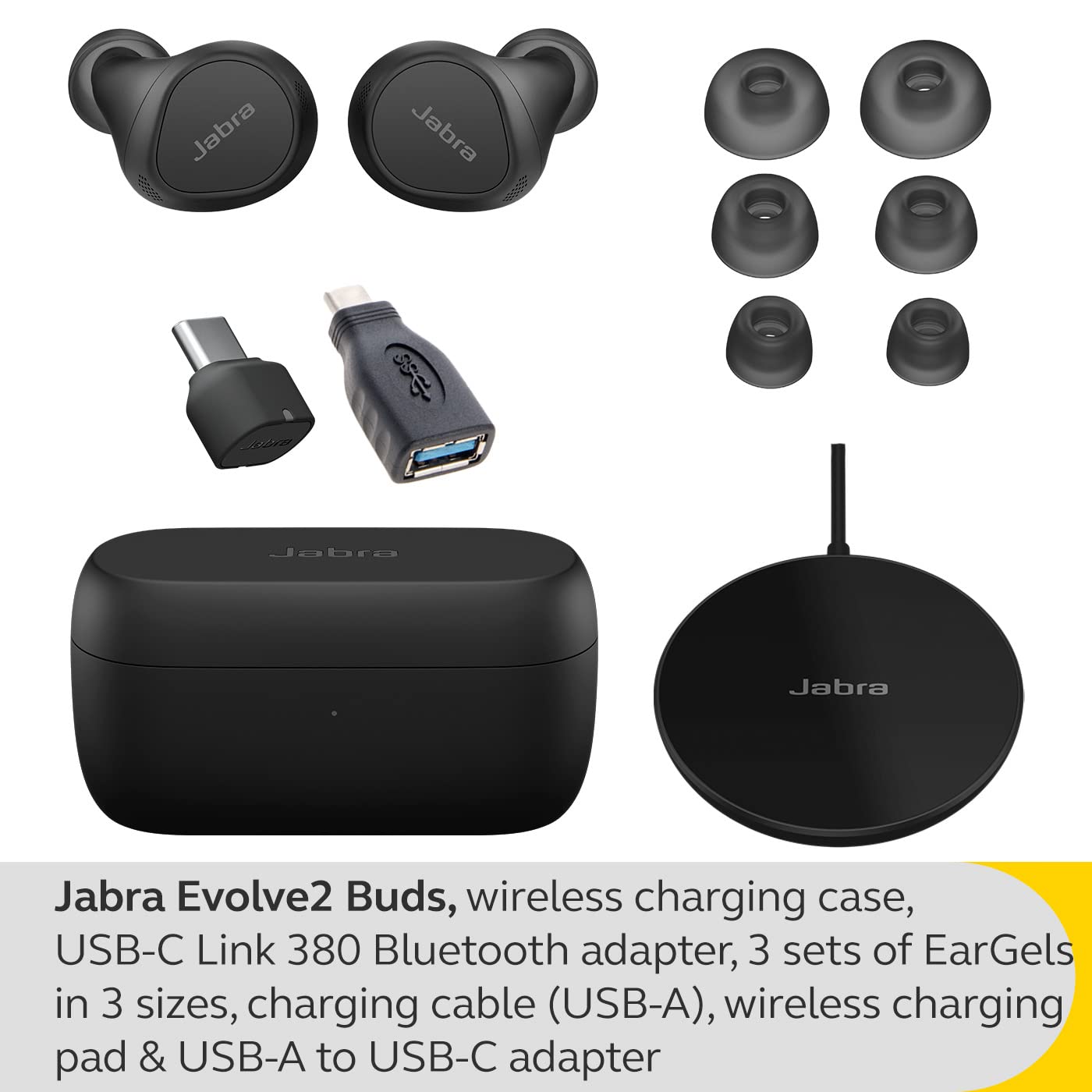 Jabra Evolve2 Buds True Wireless Bluetooth Earbuds with Active Noise Cancellation - MultiSensor Voice Technology & Wireless Charging - Certified for Zoom/Teams Meetings - Perfect for Remote Work & Business Calls - Black