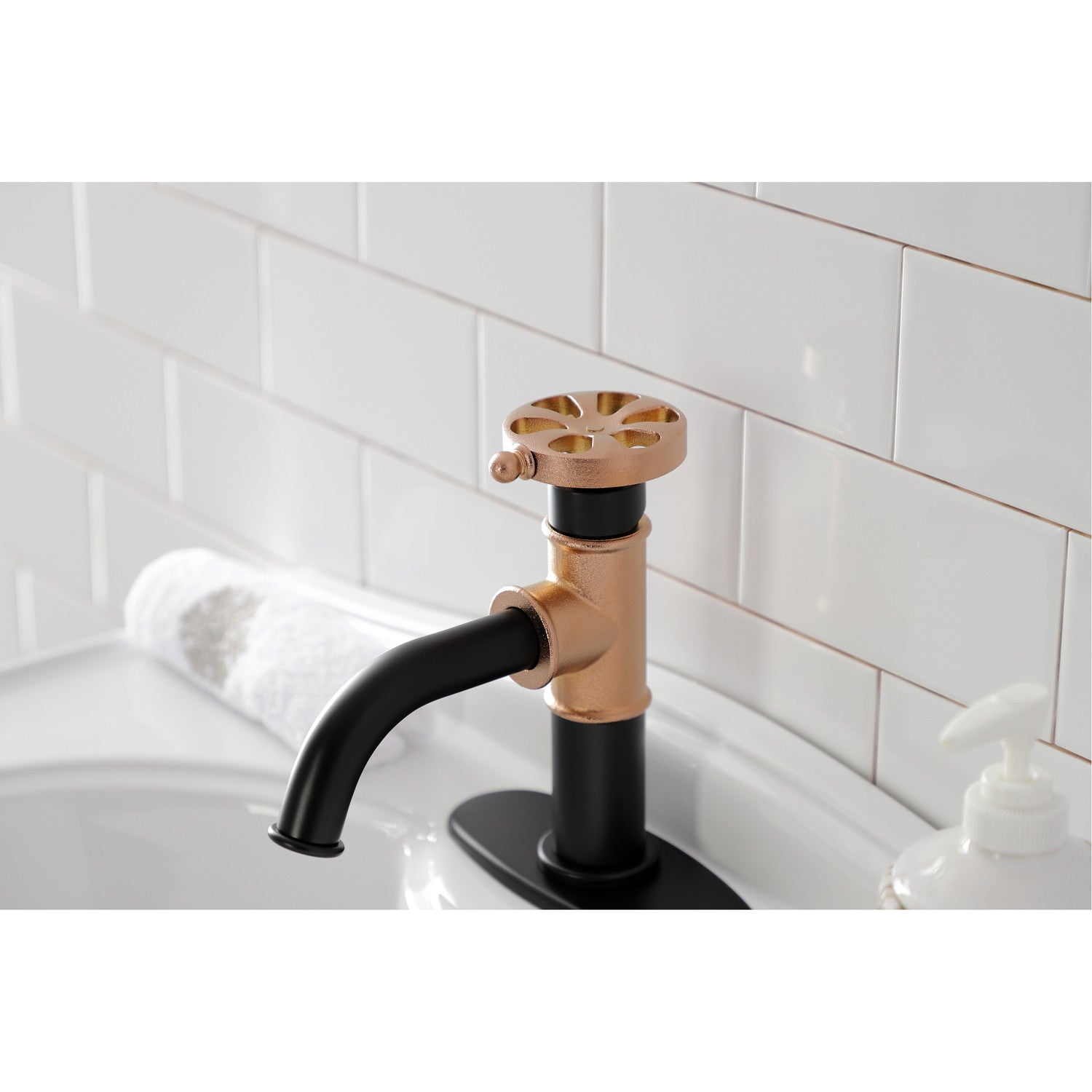 Belknap KSD2827RX Single Handle 1-Hole Bathroom Faucet with Deck Plate & Push Pop-Up Drain - Matte Black/Rose Gold Finish for Modern Vanity Sinks