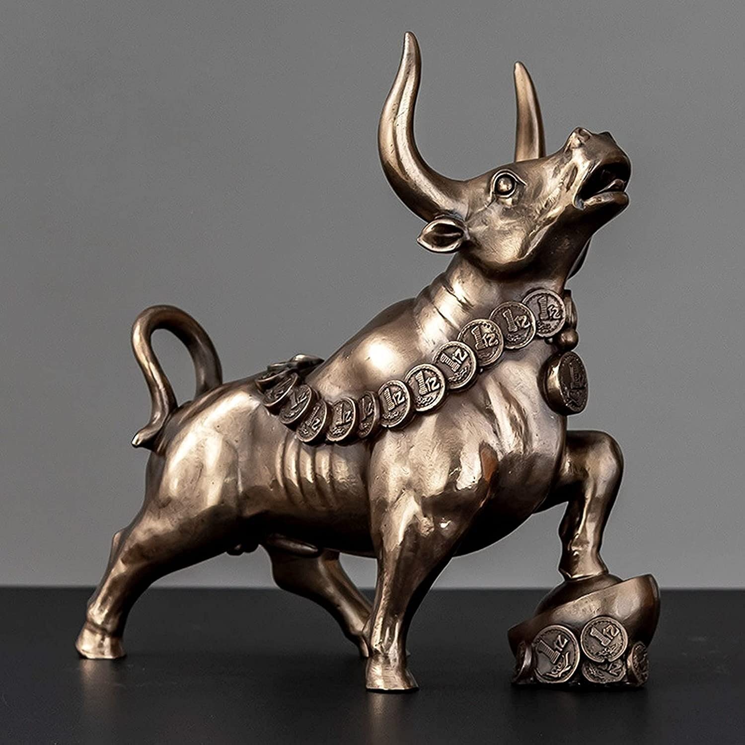 Bull Statue Decor - Resin Bull & Bear Sculpture for Home & Office - Living Room, Bedroom, Study, Wine Cabinet Art Gift - Perfect for Wall Shelf Display & Investment Theme Decor (Copper)