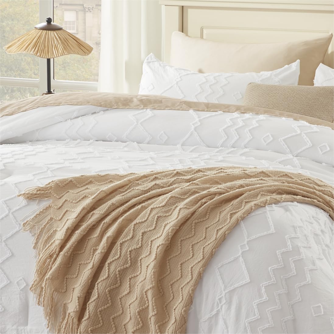 Luxury Andency White Tufted Comforter Set King Size (104x90 Inches) - 3 Piece Boho Farmhouse Bedding with Geometric Design | Soft Microfiber Down Alternative Duvet Cover & Pillowcases | Perfect for Master Bedroom, Guest Room & Cozy Farmhouse Decor