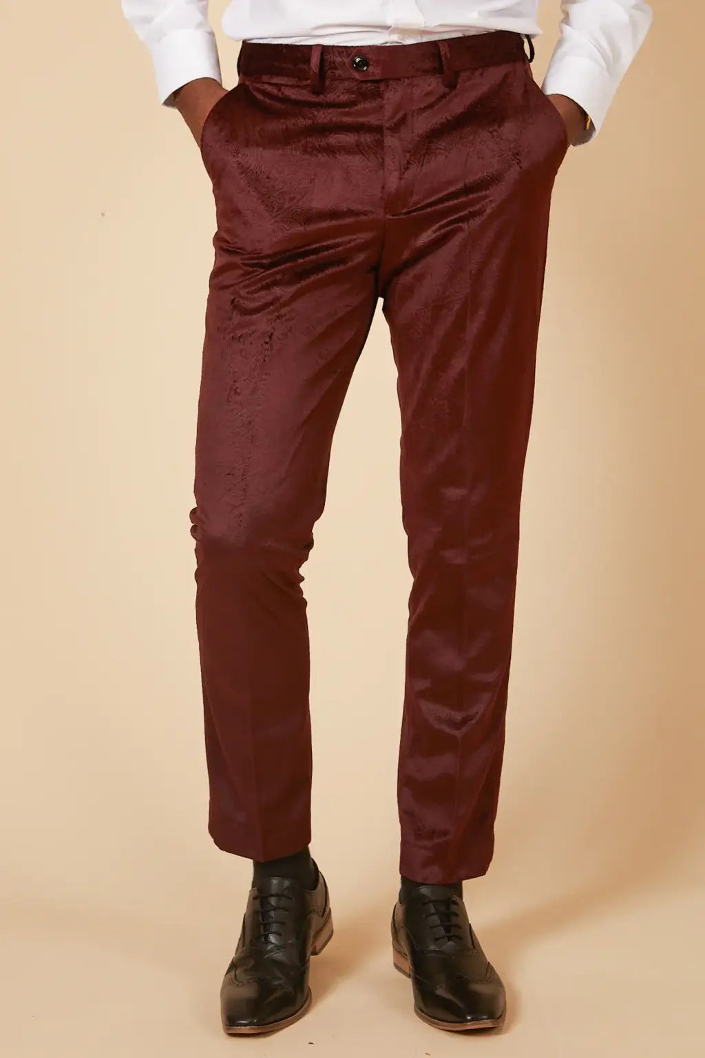 Marc Darcy Simon Wine Velvet Jacquard Trousers for Women - Elegant High-Waisted Dress Pants for Office, Party & Special Occasions