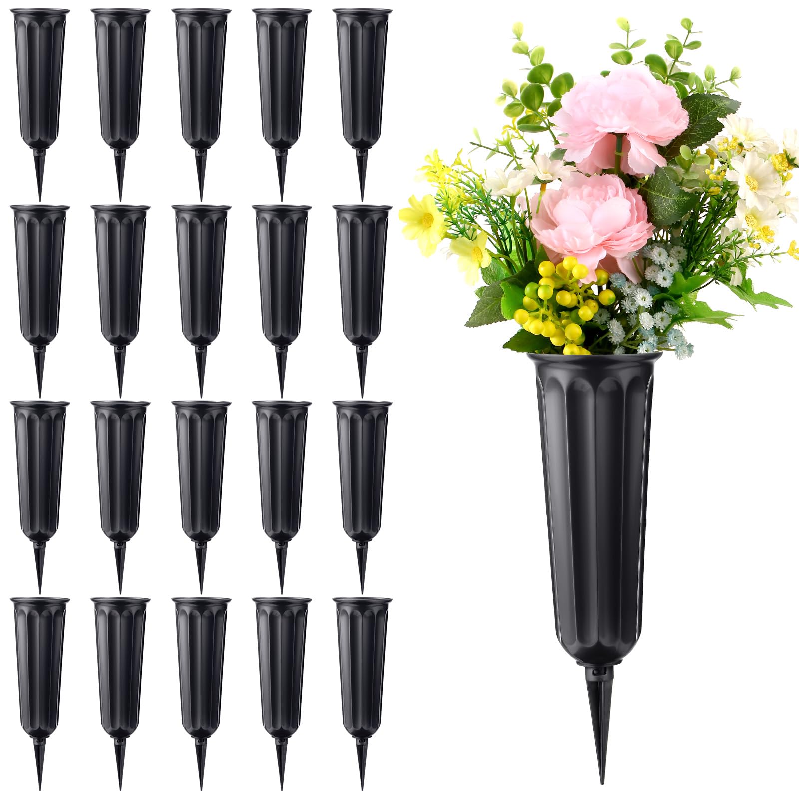 20 Pack Black Plastic Cemetery Vases with Spikes - Durable Grave Flower Holders for Memorial Decorations - Perfect for Graveside Floral Arrangements & Cemetery Decor