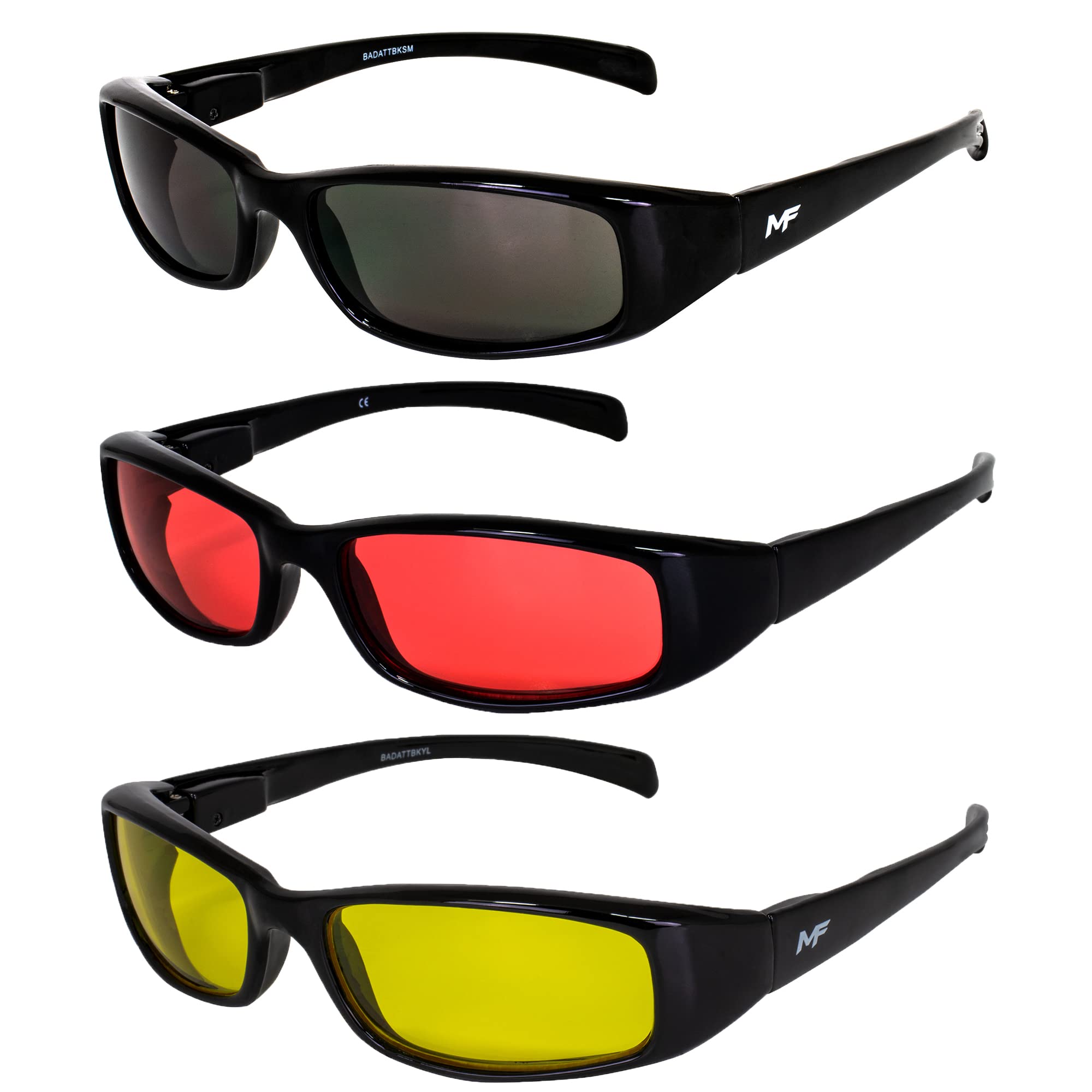 3 Pairs MF Eyewear Bad Attitude Motorcycle Glasses - Shatterproof Polycarbonate, UV400 Protection, Scratch-Resistant, Black Frame with Smoke Red & Yellow Lenses - Perfect for Motorcycle Riding, Cycling, and Outdoor Sports