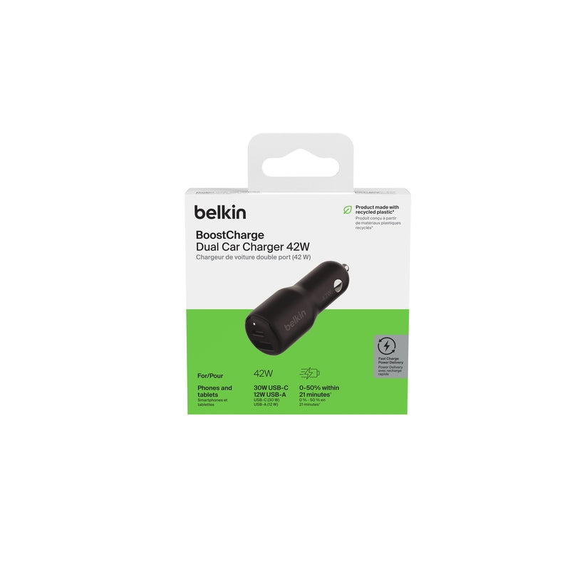Belkin 42W USB-A/USB-C Car Charger - Fast Charging Adapter for iPhone, Samsung, Android Phones & Tablets - Perfect for Road Trips & Commuting