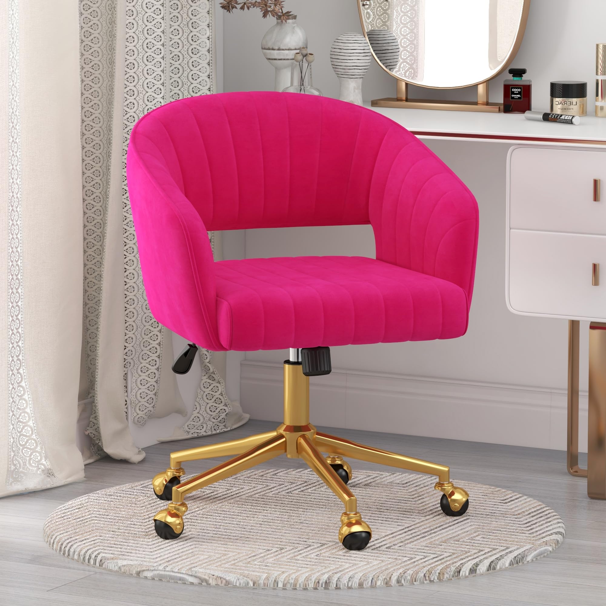 Luxury Velvet Swivel Office Chair with Gold Base - Ergonomic Tufted Desk Chair for Women & Girls, Modern Accent Armchair for Home Office, Study, Computer Work & Living Room (Hot Pink) - Comfortable & Stylish Seating Solution