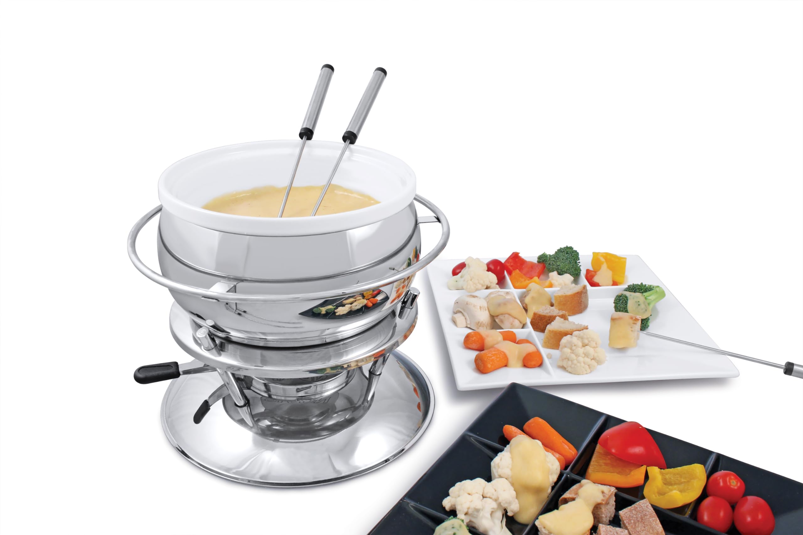 Swissmar Zuri 11-Piece Stainless Steel 3-in-1 Fondue Set for Cheese, Chocolate & Butter - 2.25 Qt (2.2L) Professional Melting Pot - Perfect for Dinner Parties, Romantic Dates & Holiday Gifts - Elegant Wedding & Housewarming Present for Kitchen Lovers