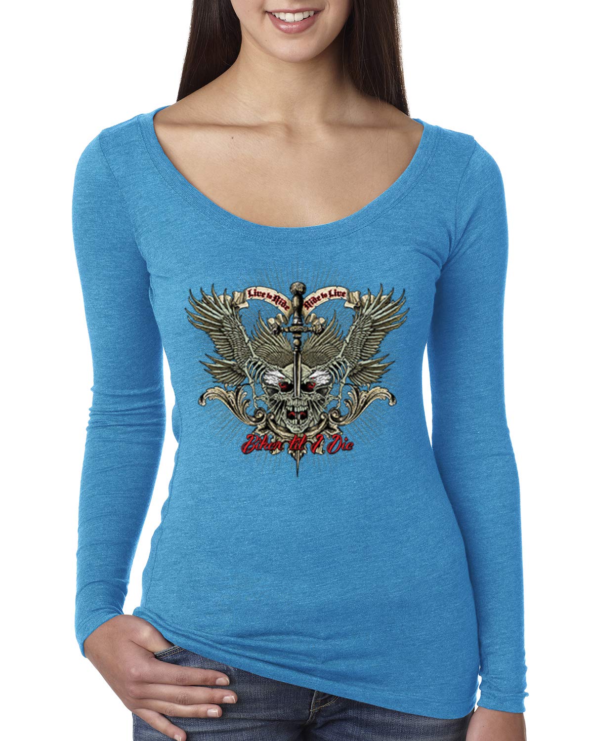Biker Til I Die Live to Ride Motorcycle Graphic Long Sleeve Scoop Neck Top for Women - Perfect for Motorcycle Rides, Biker Events & Casual Outfits