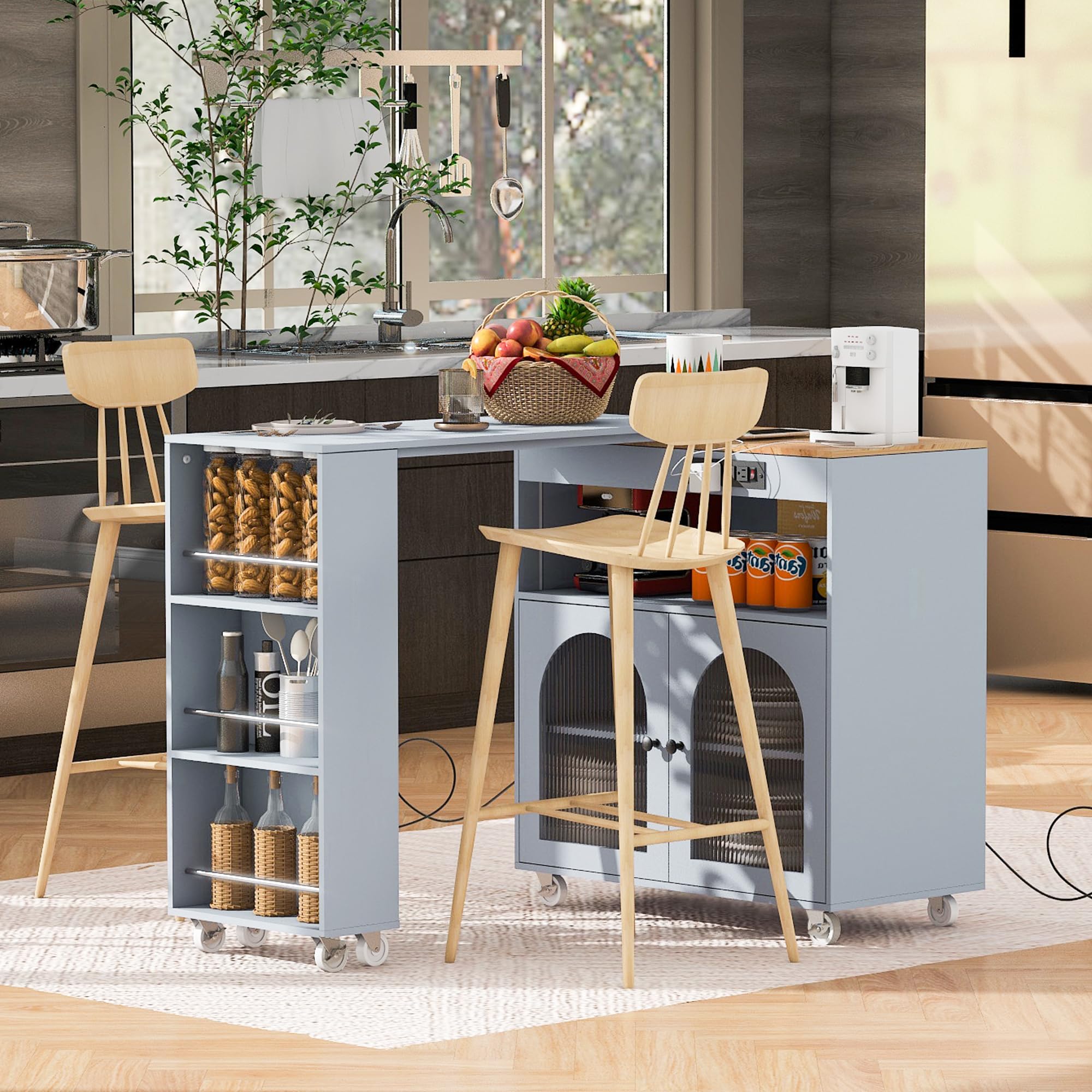 **Rolling Kitchen Island with Extendable Table, LED Lights & Power Outlets – Mobile Kitchen Cart with 2 Fluted Glass Doors, Storage Compartment & 3 Open Shelves – Grey – Perfect for Small Kitchens, Apartments & Entertaining**