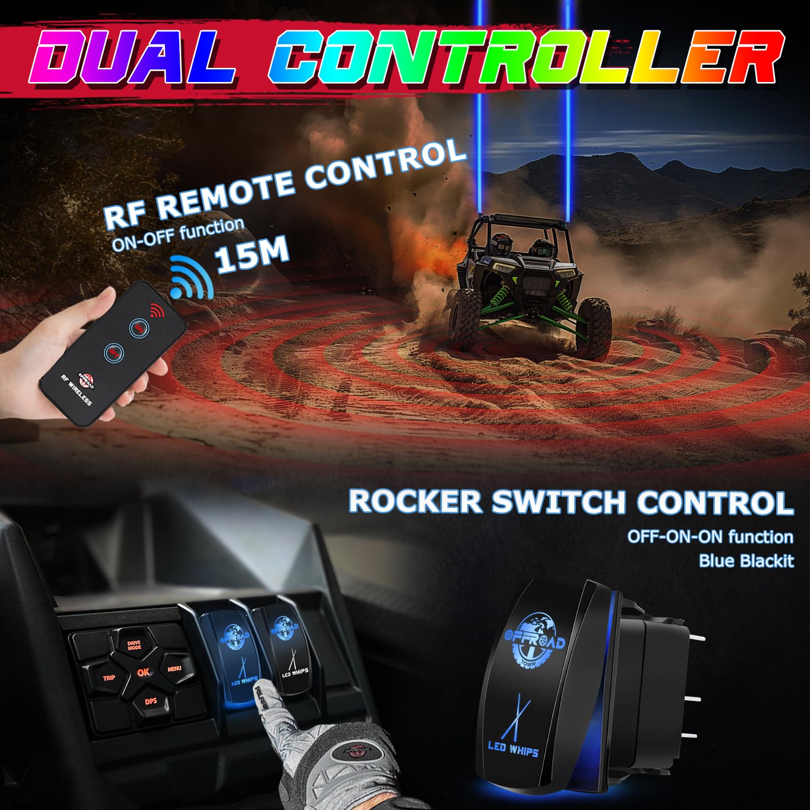 OFFROADTOWN RGBW LED Whip Light with Remote Control - Waterproof Off-Road Light Bar for ATV, UTV, Motorcycle, Truck & Golf Cart - Multi-Color Chase Lighting for Night Riding, Camping & Off-Road Adventures