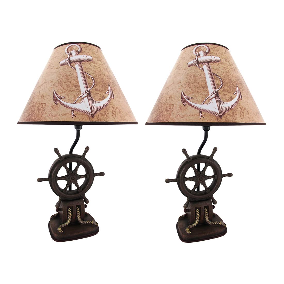 Captain's Destiny: Set of 2 Nautical Ship Wheel Resin Table Lamps with Anchor Shades - 19