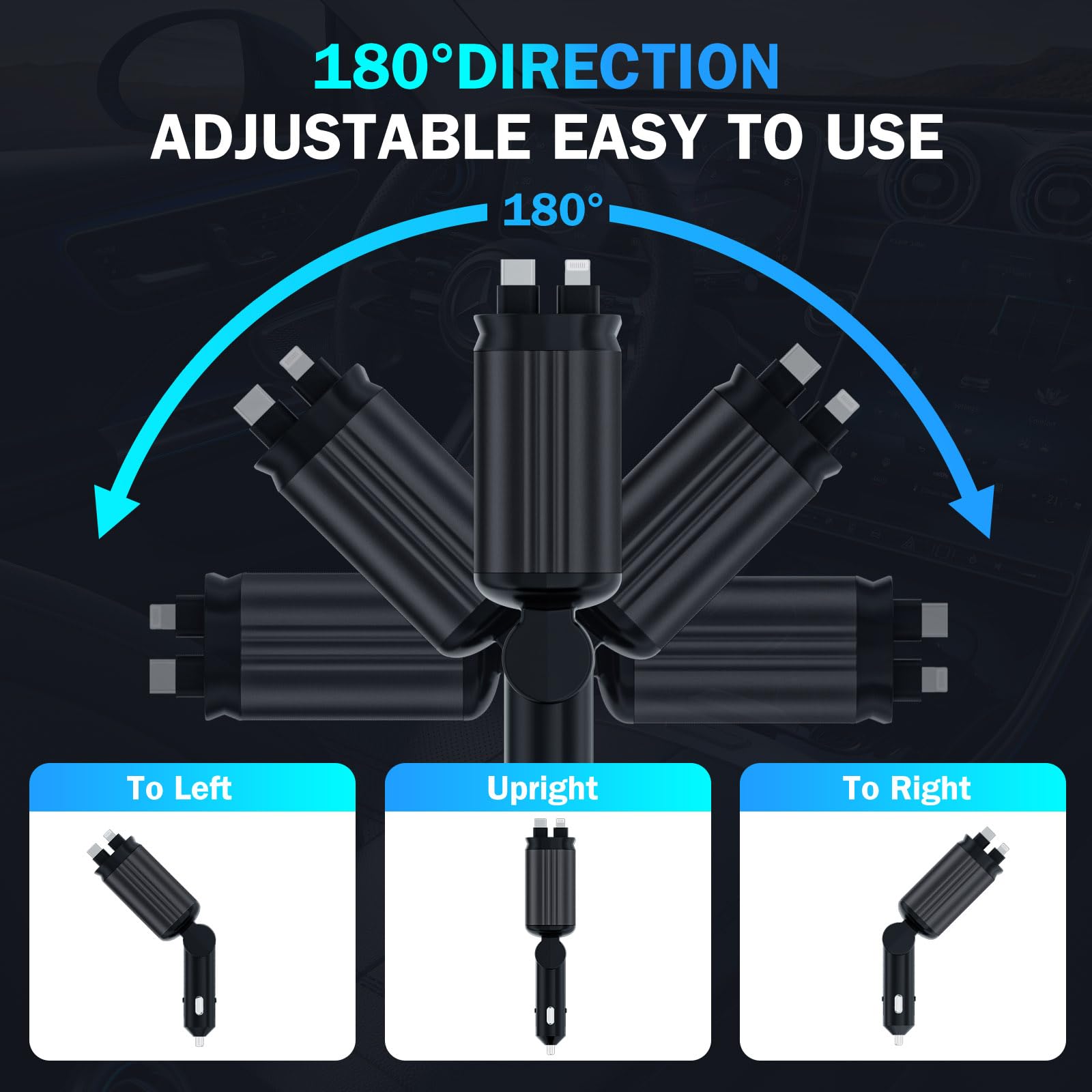 66W Fast Car Charger with Starlight - 4-in-1 Retractable USB C Car Adapter with 2 Ports - Compatible with iPhone 16/15/14/13/12/11 & Android Phones (Black) - Perfect for Road Trips & Daily Commuting