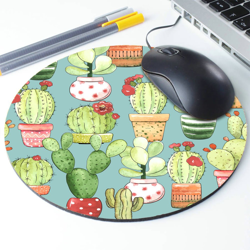 Non-Slip Rubber Round Mouse Pad with Cacti in Pots Design - 7.87 Inch Turquoise Gaming & Office Desk Accessory for Computer, Laptop, Home & Workstation Use