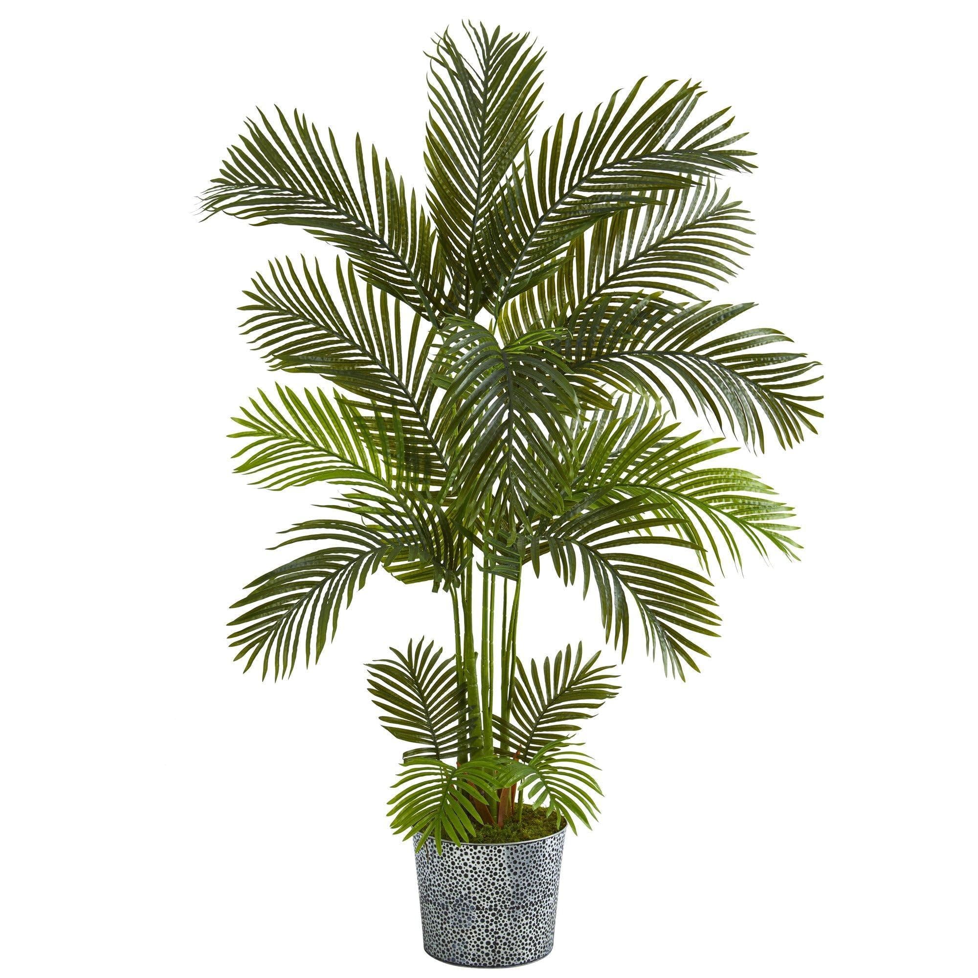 Nearly Natural 5.5ft Areca Palm Artificial Silk Tree with Embossed Black Tin Planter - Realistic Indoor/Outdoor Decor for Home, Office & Patio