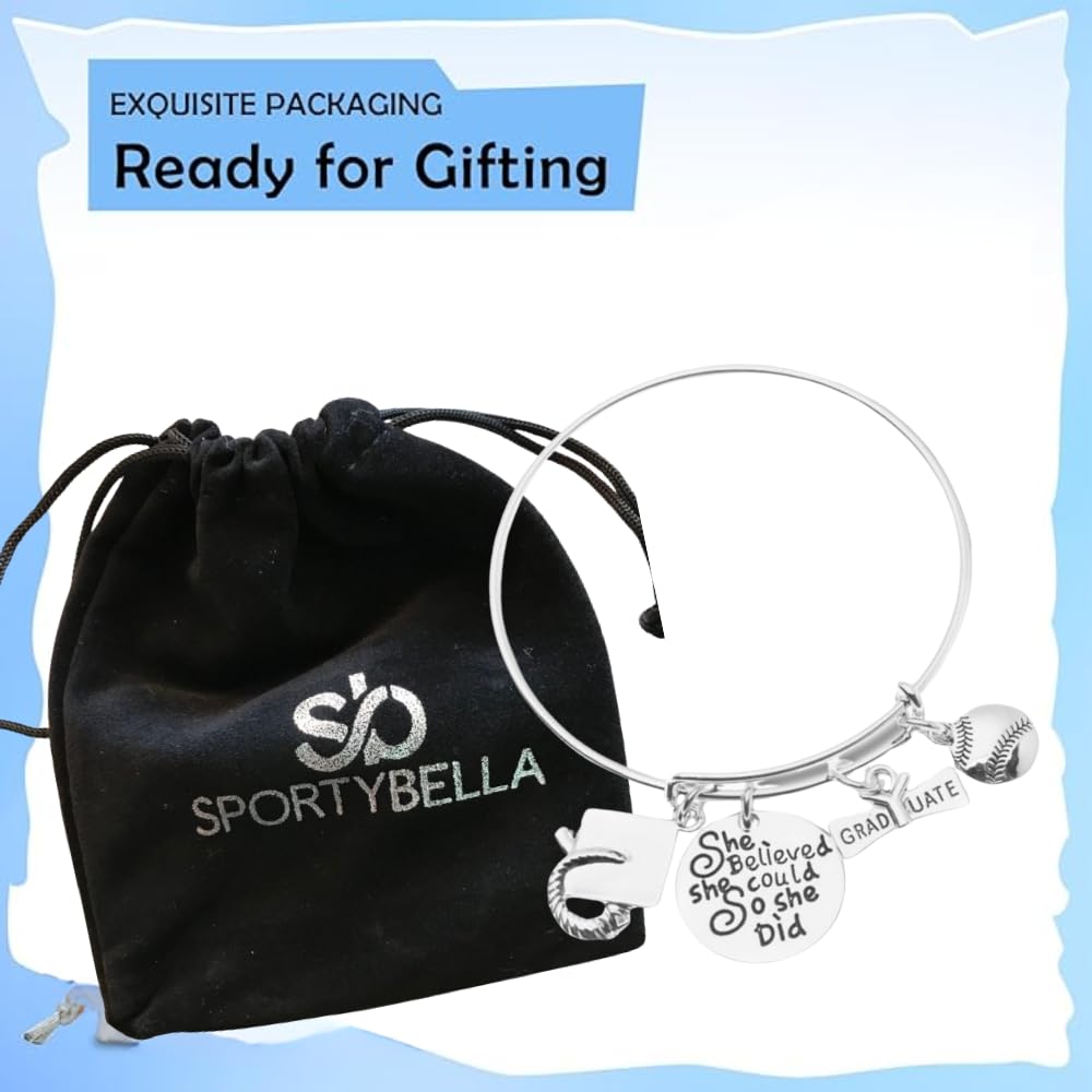 Sportybella Adjustable Silver Softball Charm Bracelet - 'She Believed She Could So She Did' Graduation Jewelry Gift for Softball Players & Graduates | Perfect for Graduation Ceremonies, Team Celebrations & Inspirational Gifts