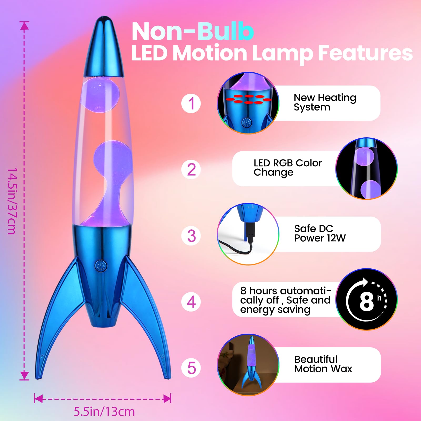 7-Color Changing Rocket LED Liquid Motion Lamp - Bubble-Free Safe DC Night Light for Kids & Adults - Perfect for Bedroom, Nursery & Relaxation (Clear/White)