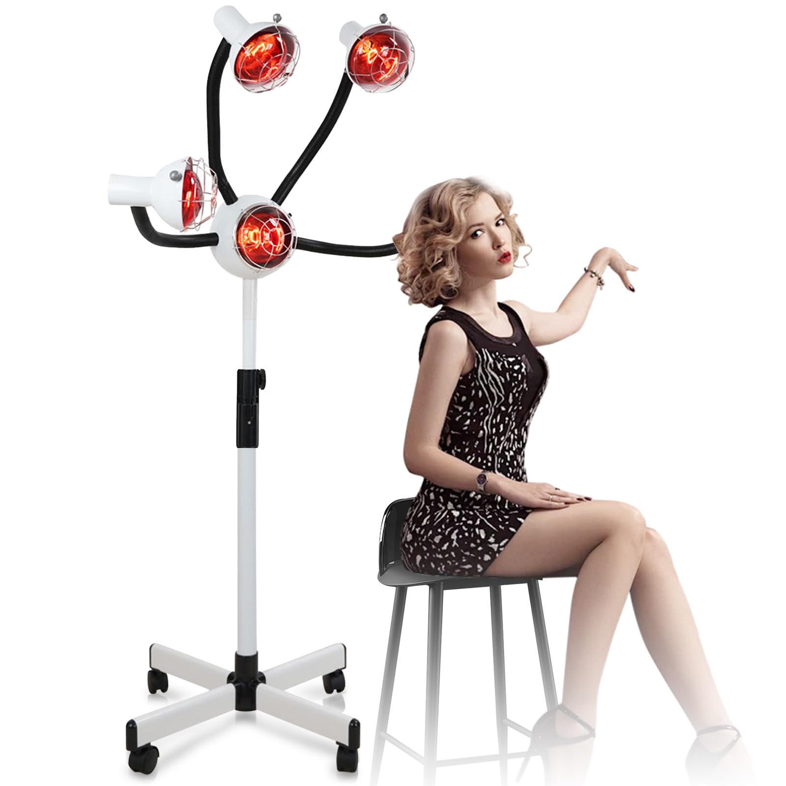 750W 5-Head Infrared Heat Lamp Hair Dryer Stand - Portable Floor Styling & Perming Accelerator with Red Light Therapy & Metal Lampshade, 110V (White) - Perfect for Salon, Home Hair Care & Professional Styling