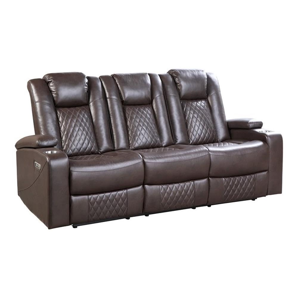 Lexicon Faux Leather Power Reclining Sofa with Power Headrests - Brown Leather Living Room Couch for Home Theater & Family Movie Nights