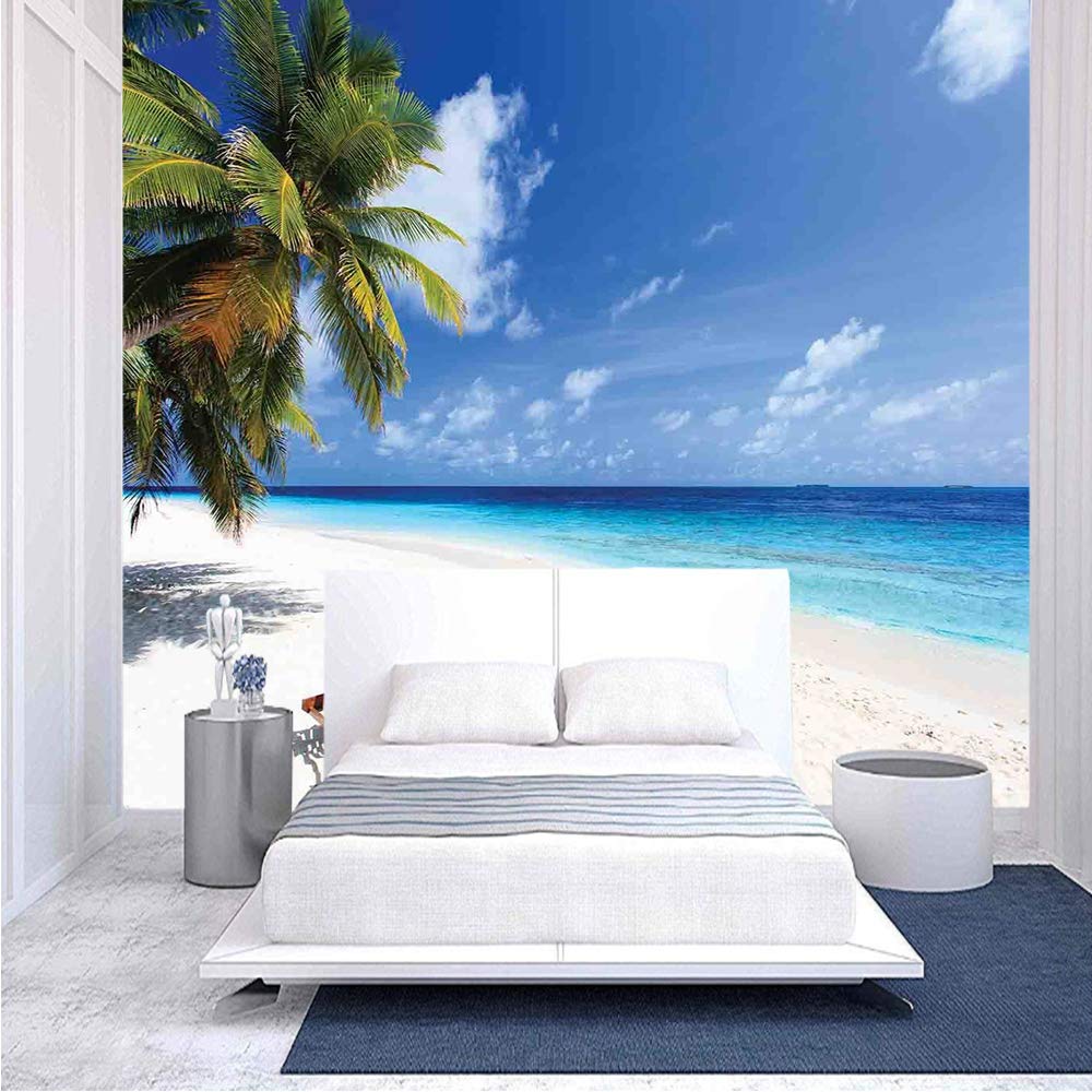 100x100 Inches Tropical Beach Wall Mural - Peel and Stick Self-Adhesive Wallpaper with Palm Trees, Summer Chair & Sunny Travel Theme - Large Removable Wall Sticker for Home, Office, Bedroom or Living Room Decor