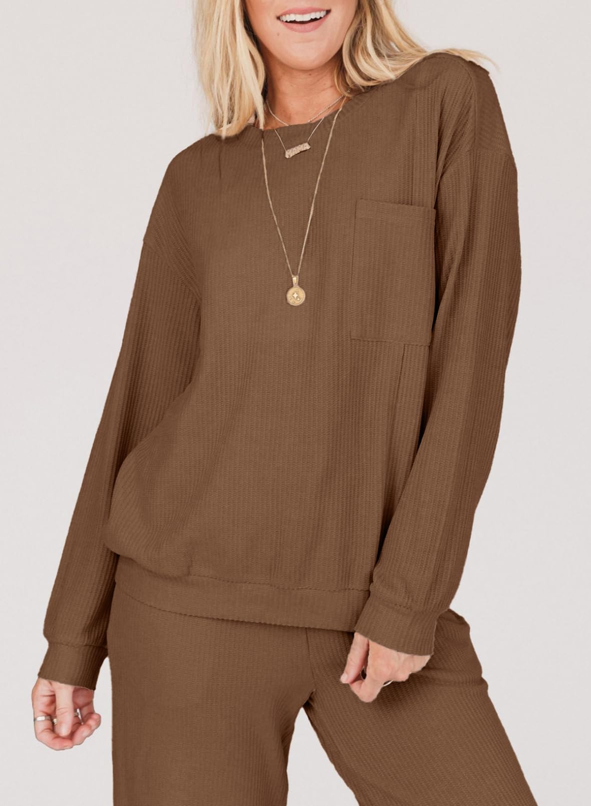SHEWIN Women's 2 Piece Waffle Knit Lounge Set - Long Sleeve Pullover & Drawstring Jogger Pants Tracksuit | Cozy Casual Outfit for Home, Yoga, Travel & Loungewear
