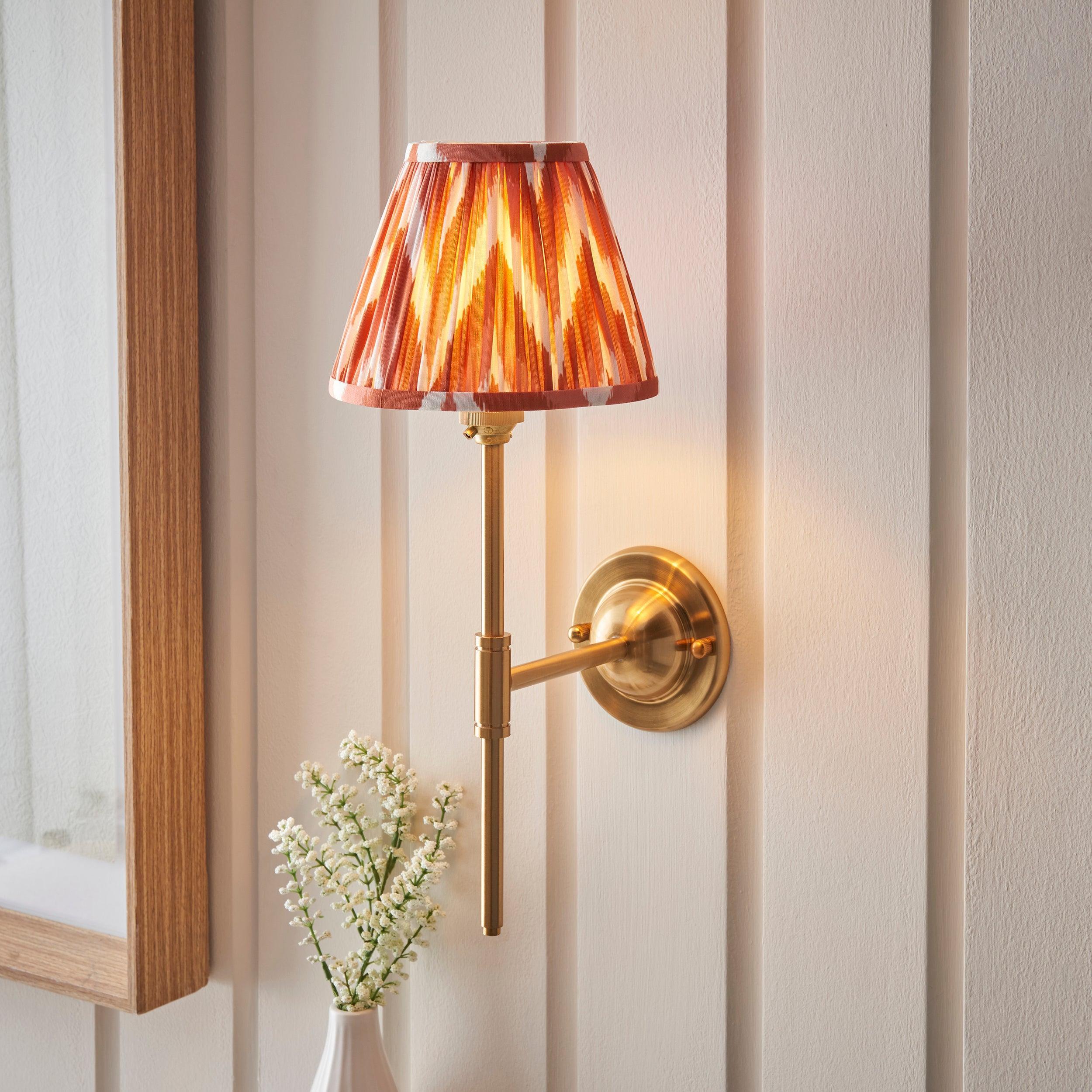 Brass Wall Light with Dome T Bar & 16cm Apricot Orange Zigzag Shade - Vintage Industrial Sconce for Bedroom, Living Room, or Hallway Lighting