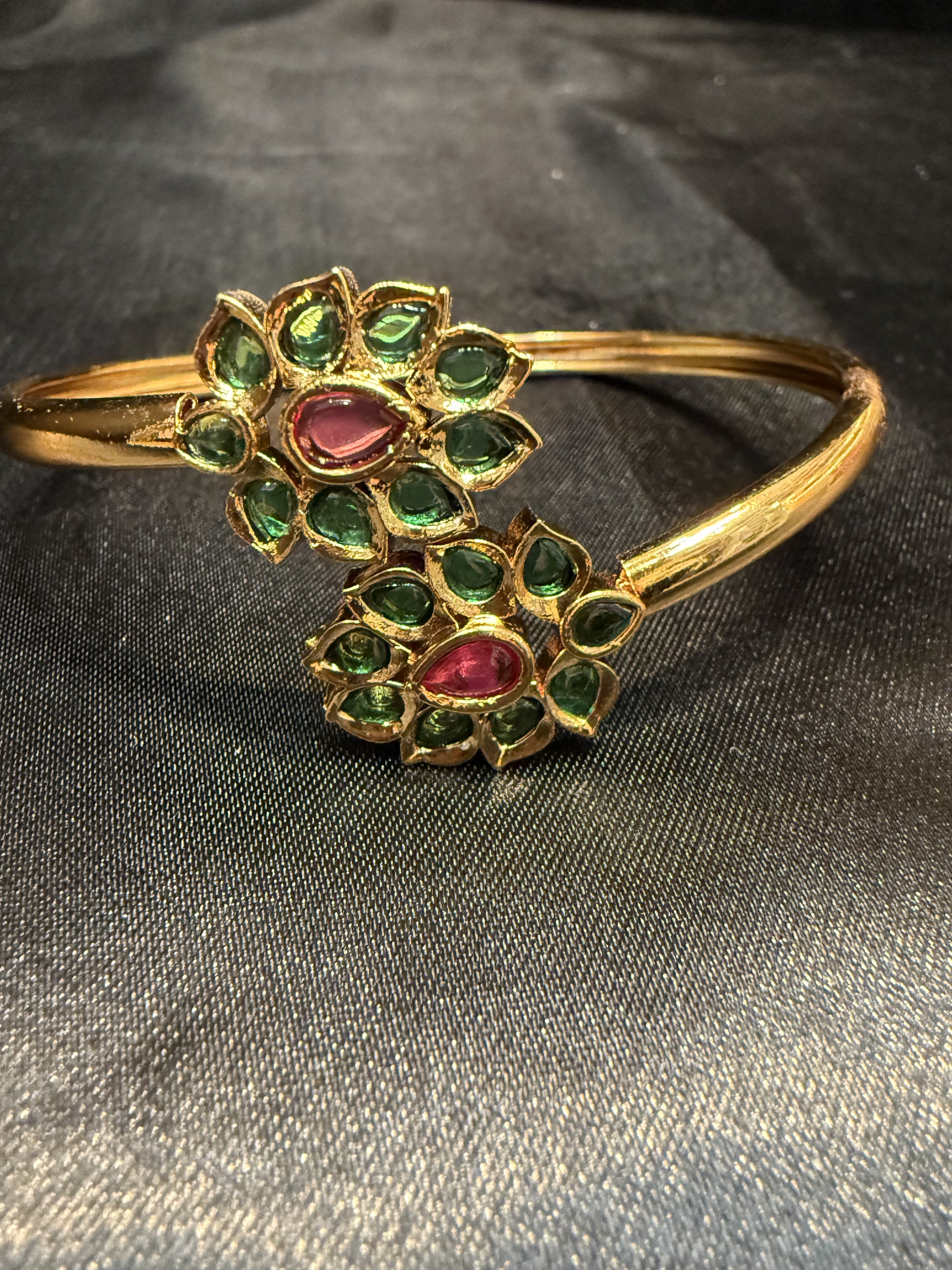 Elegant Gold Plated Bracelet with Green & Hot Pink Stones and Floral Design - Perfect for Parties, Weddings & Special Occasions