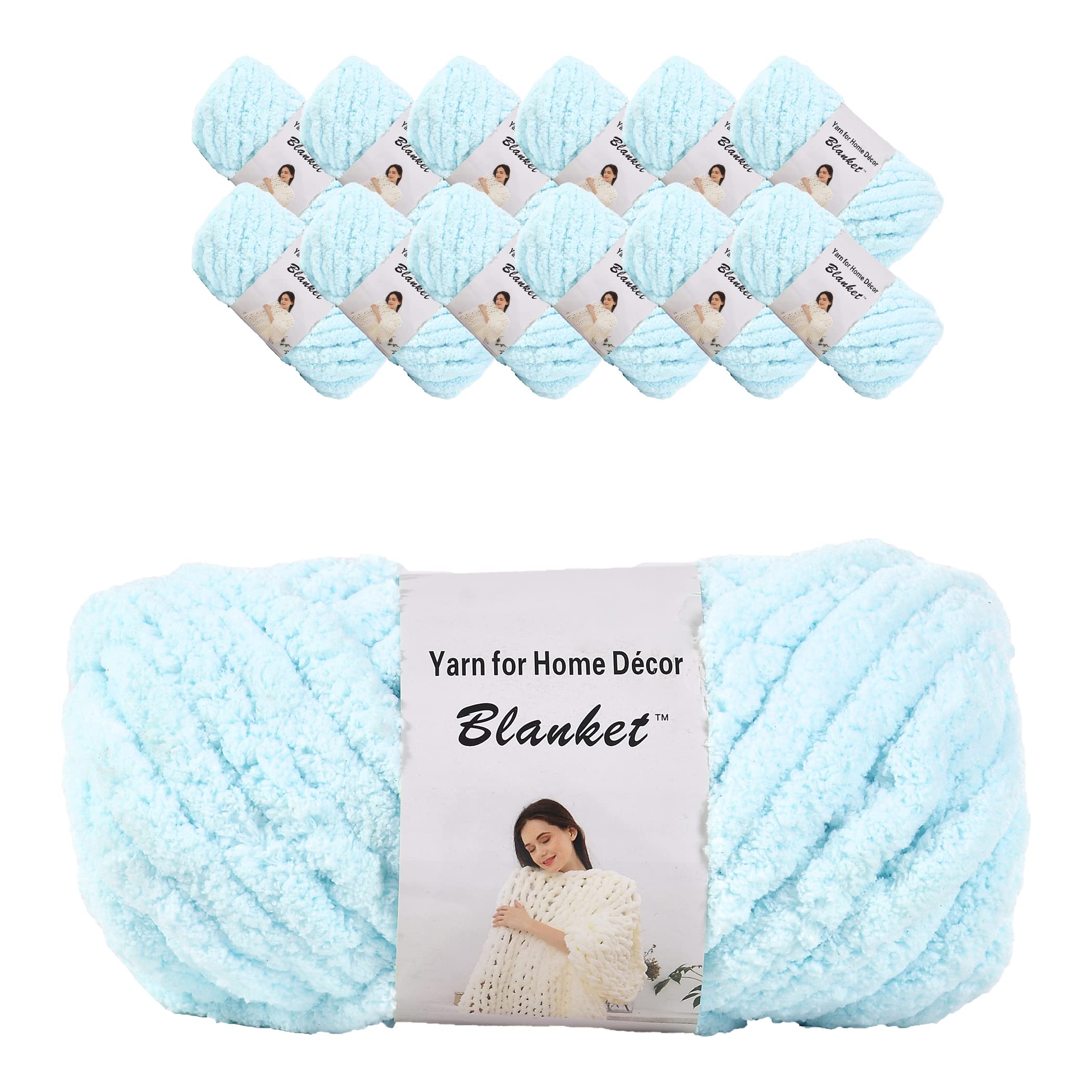 Chunky Chenille Yarn for Arm Knitting - 12-Pack (3kg/6.6lb) Soft Bulky DIY Yarn for Knitting Blankets, Cushions, Scarves - Perfect for Home Decor, Sofa Throws & Cozy Winter Crafts (Light Blue)