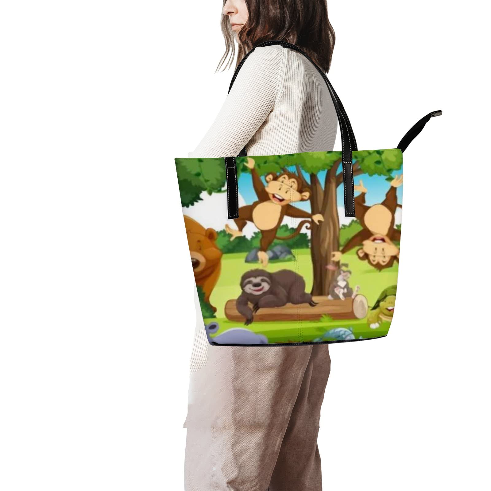 Stylish Green Jungle Animal Print Leather Tote Bag for Women - Cute Cartoon Kawaii Crossbody Handbag with Zipper | Perfect for Work, Travel & Daily Use