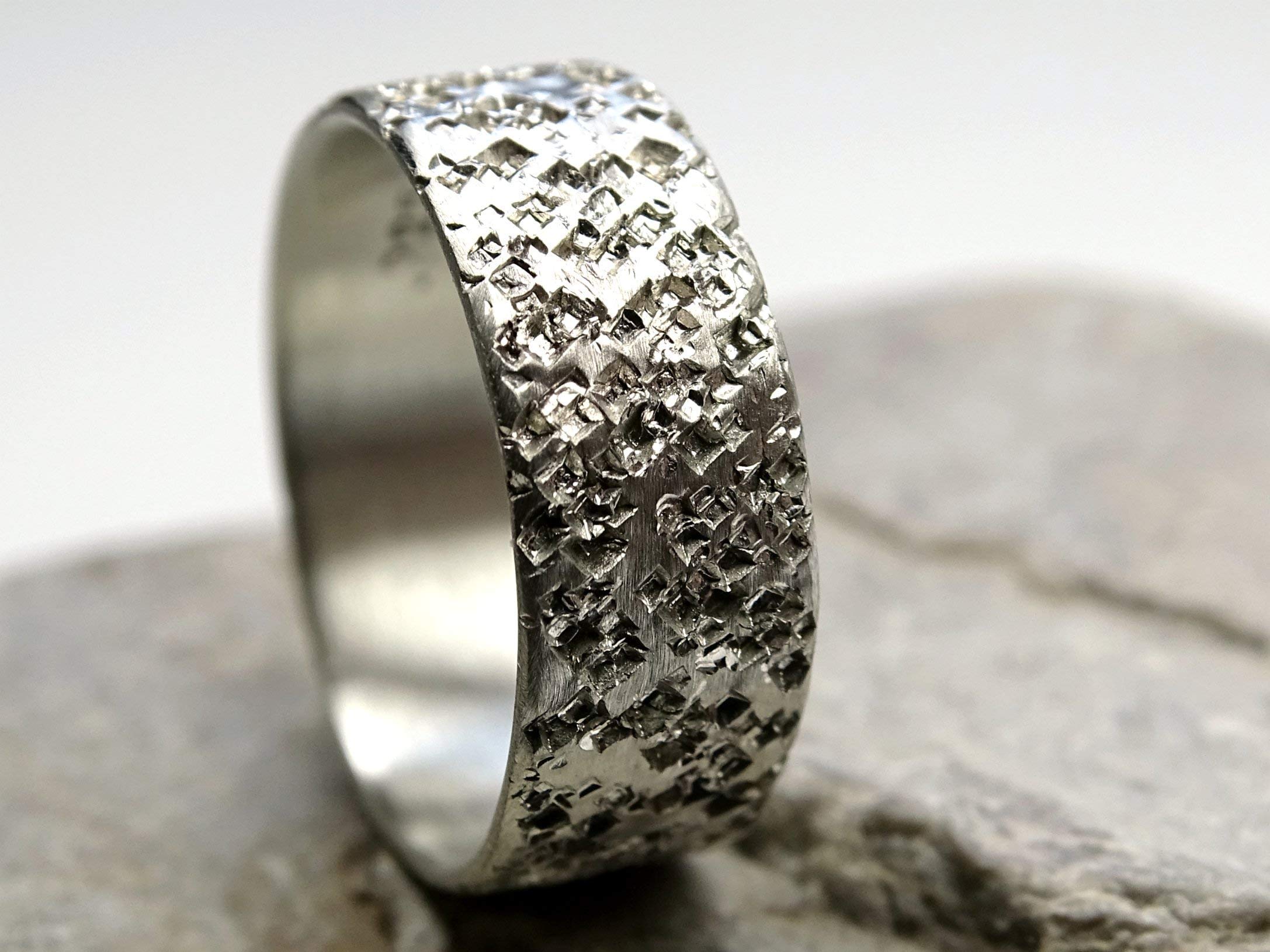 Unique Silver Wedding Band for Men - Volcanic Rock Pattern Structured Ring - Durable Men's Engagement Band - Perfect for Weddings, Anniversaries & Special Occasions
