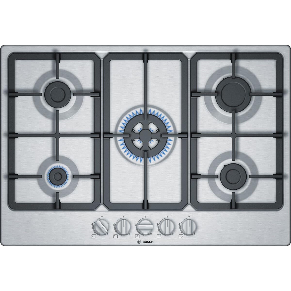 Bosch PGQ7B5B90 Serie 4 Gas Cooktop - 3.3kW Powerful WOK Burner with Cast Iron Grates, Stainless Steel, 75cm - Perfect for Asian Cooking & High-Heat Stir-Frying