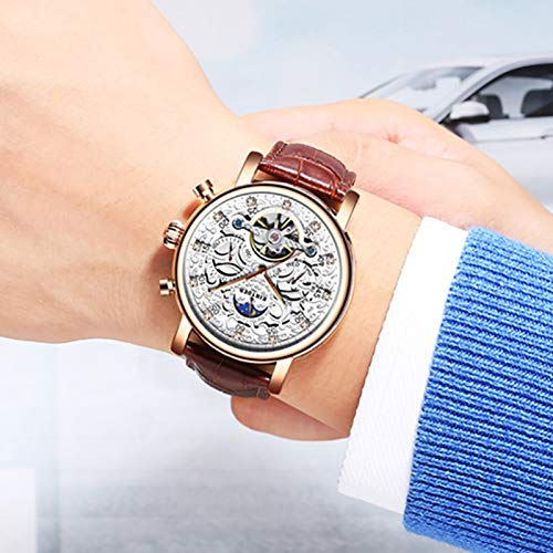 Men's Tourbillon Automatic Watch - Rose White Leather Strap for Business & Casual Wear