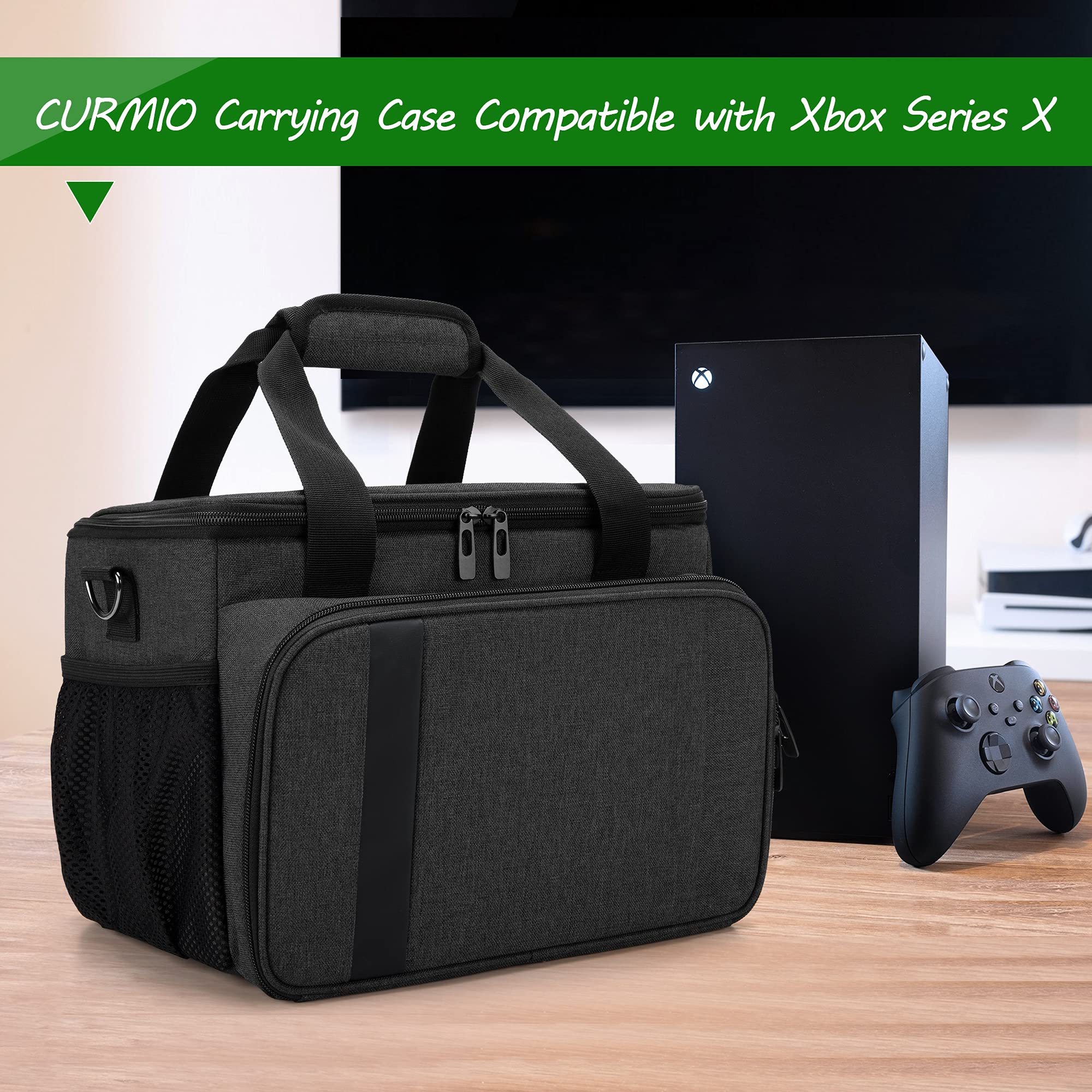 CURMIO Travel Storage Bag for Xbox Series X & PlayStation Console - Portable Carrying Case for Controllers, Cables, Headsets & Accessories (Black) - Perfect for Gaming Travel, Storage & Organization