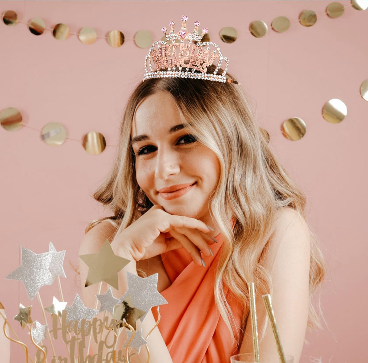 Rose Gold Rhinestone Birthday Crown Tiara - Princess Party Headband for Women, 16th 18th 21st 25th Birthday Decorations - Perfect for Birthday Parties, Bridal Showers, Bachelorette & Special Celebrations